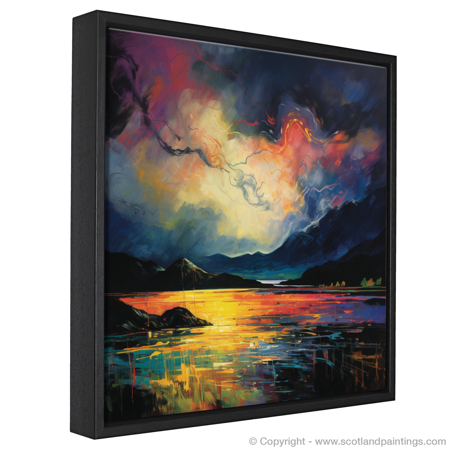 Painting and Art Print of Storm clouds above Loch Lomond entitled "Storm's Embrace over Loch Lomond".