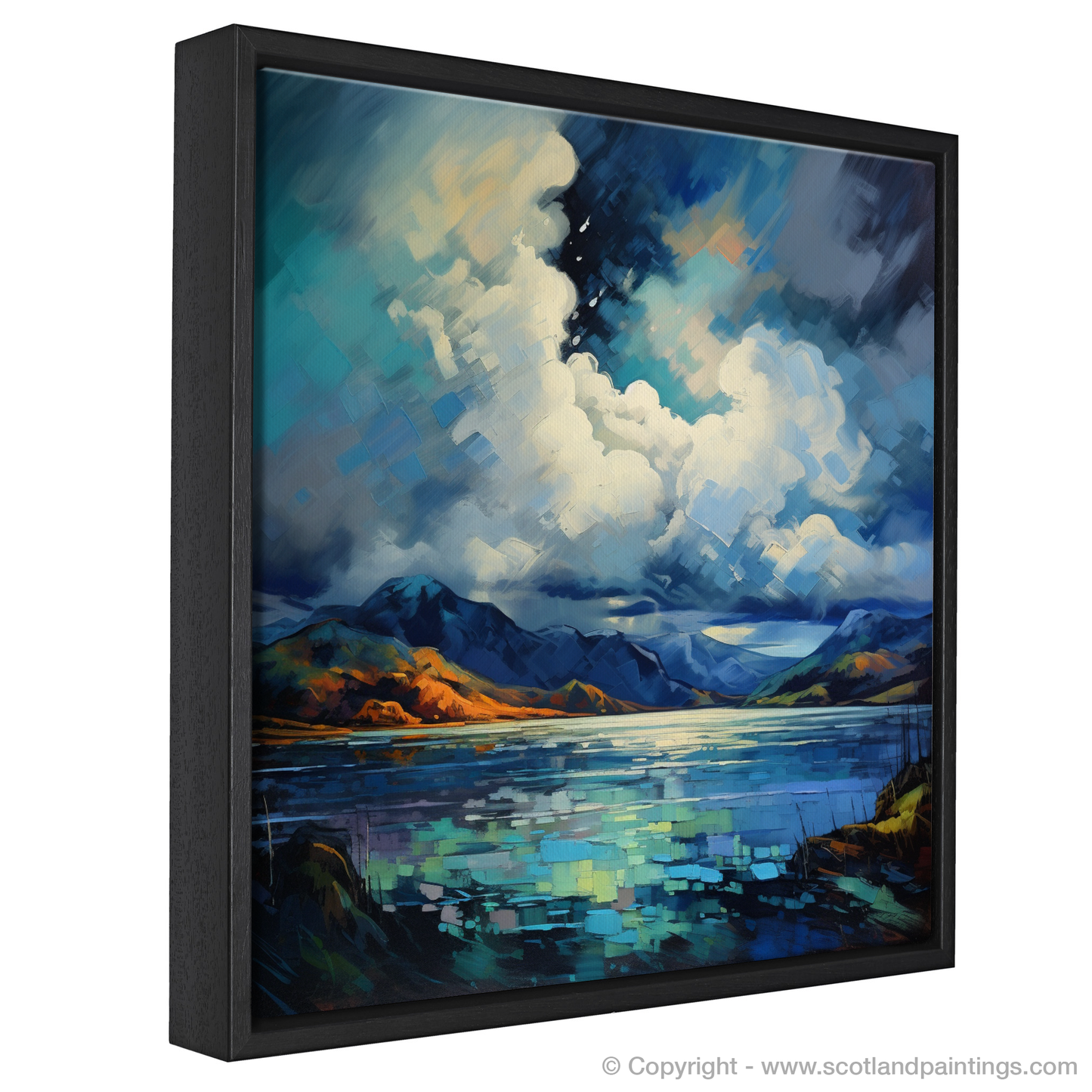 Painting and Art Print of Storm clouds above Loch Lomond entitled "Storm Cloud Majesty over Loch Lomond".