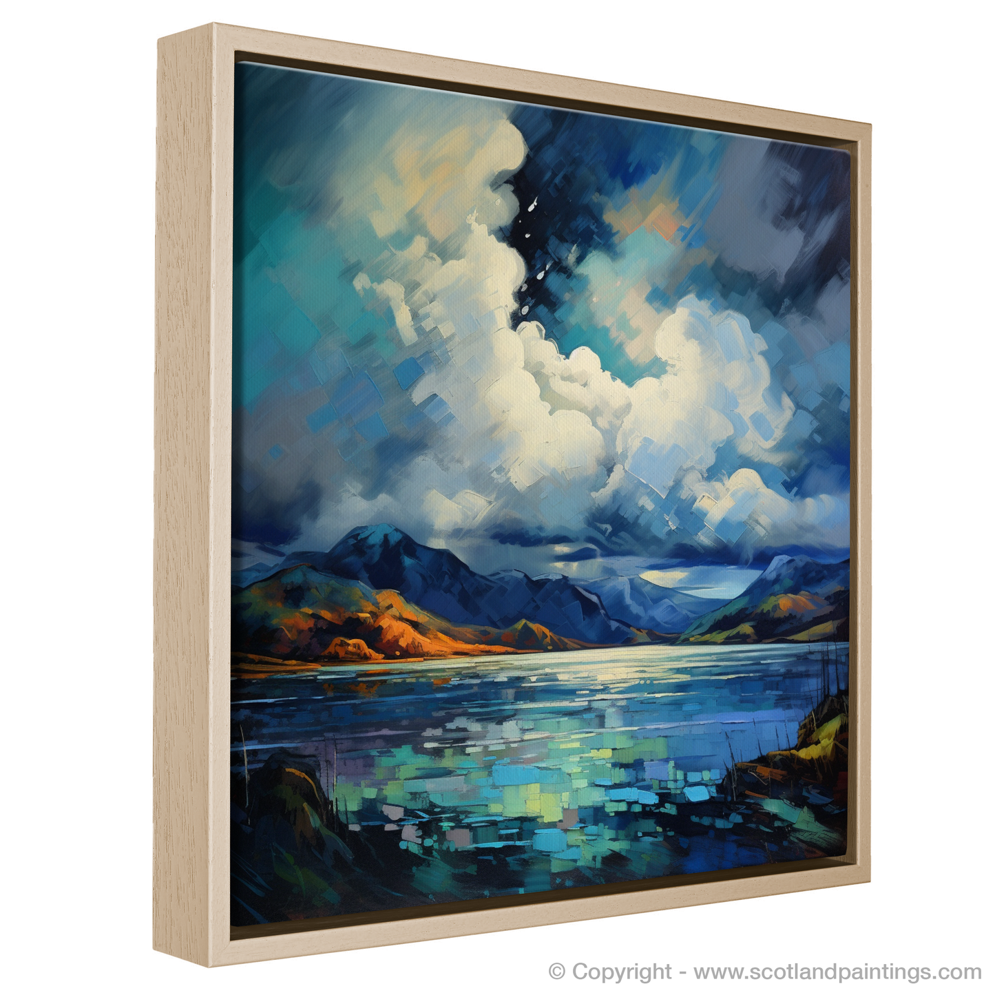 Painting and Art Print of Storm clouds above Loch Lomond entitled "Storm Cloud Majesty over Loch Lomond".