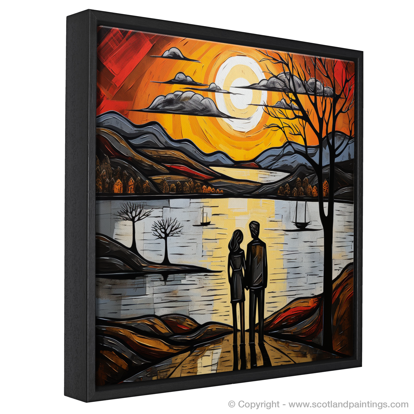 Painting and Art Print of A couple holding hands looking out on Loch Lomond entitled "Hand in Hand at the Loch Lomond Sunset".