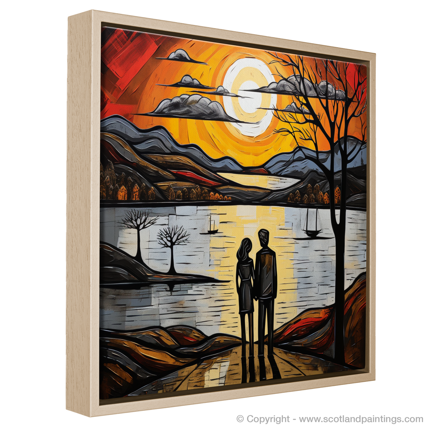 Painting and Art Print of A couple holding hands looking out on Loch Lomond entitled "Hand in Hand at the Loch Lomond Sunset".