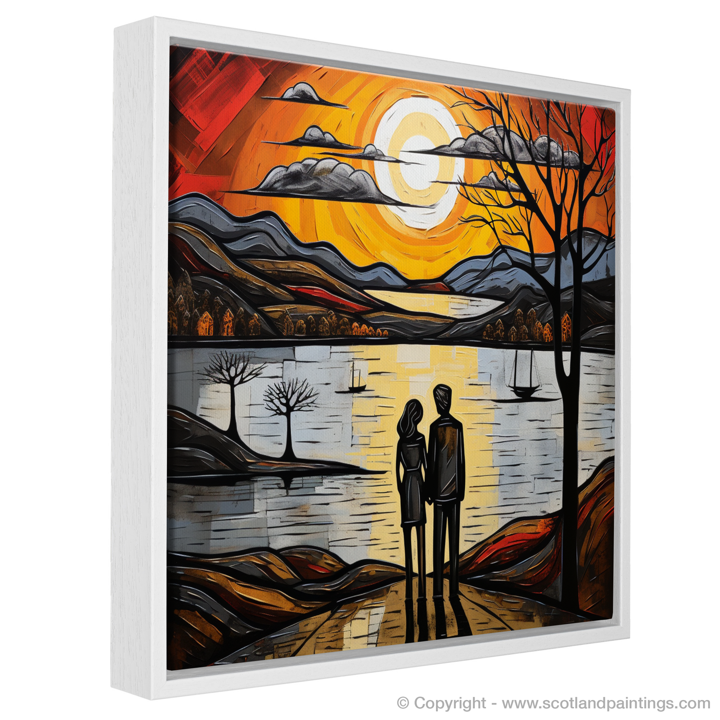 Painting and Art Print of A couple holding hands looking out on Loch Lomond entitled "Hand in Hand at the Loch Lomond Sunset".