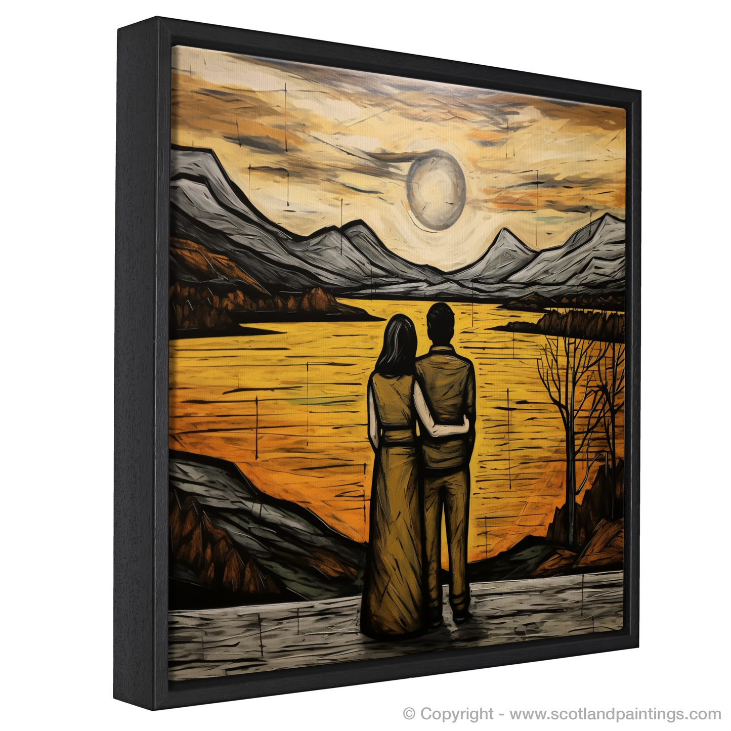 Painting and Art Print of A couple holding hands looking out on Loch Lomond entitled "Embrace at Loch Lomond: An Illustrative Expression of Love and Nature".