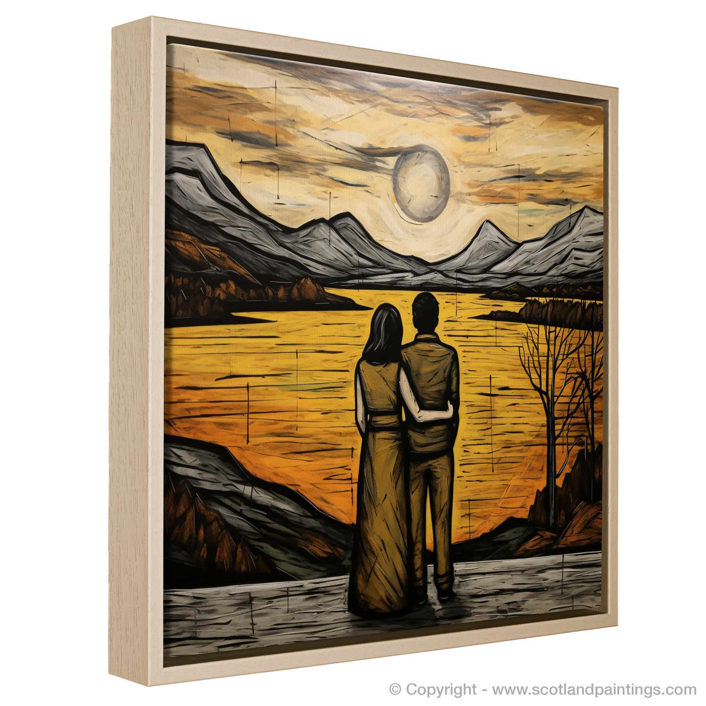 Painting and Art Print of A couple holding hands looking out on Loch Lomond entitled "Embrace at Loch Lomond: An Illustrative Expression of Love and Nature".