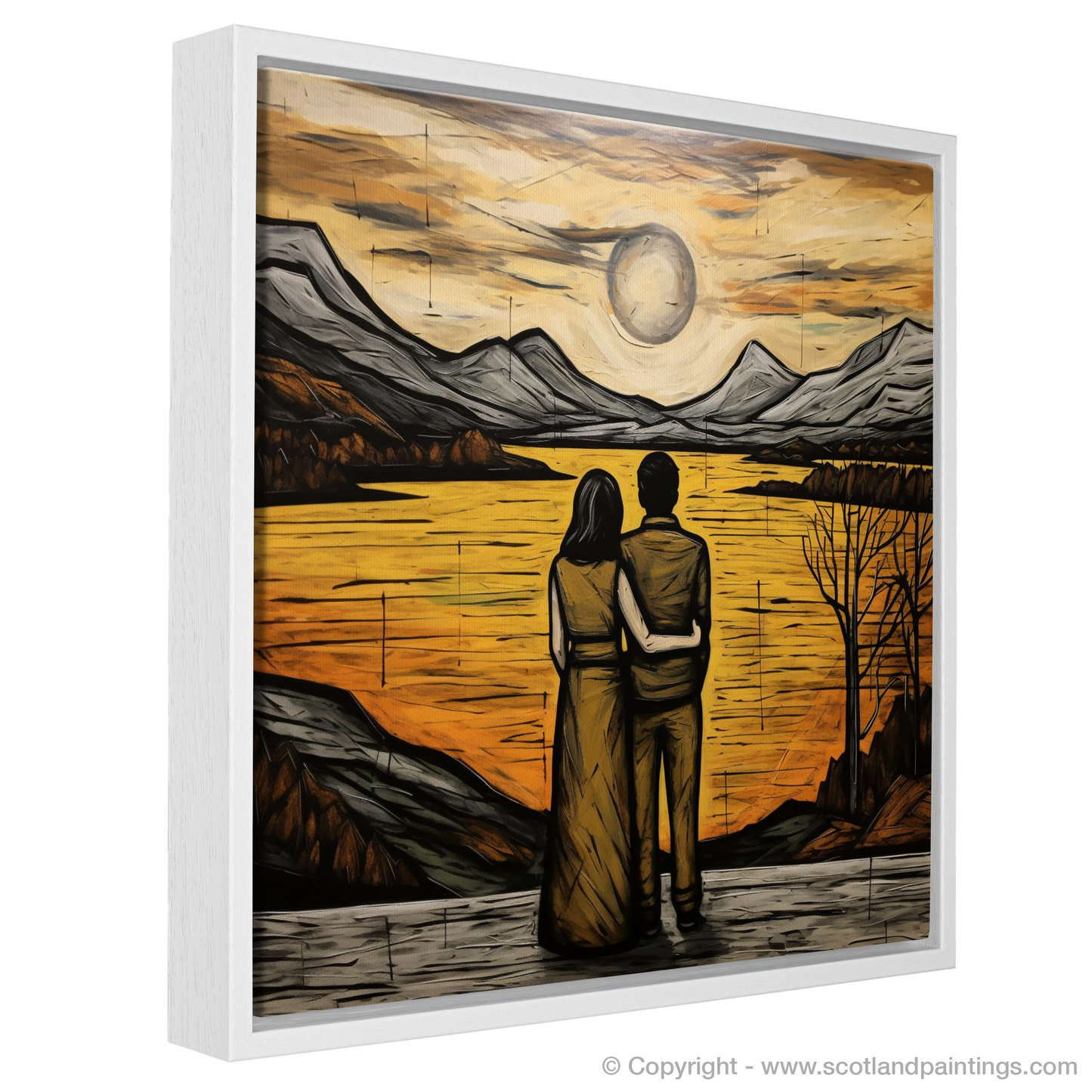 Painting and Art Print of A couple holding hands looking out on Loch Lomond entitled "Embrace at Loch Lomond: An Illustrative Expression of Love and Nature".