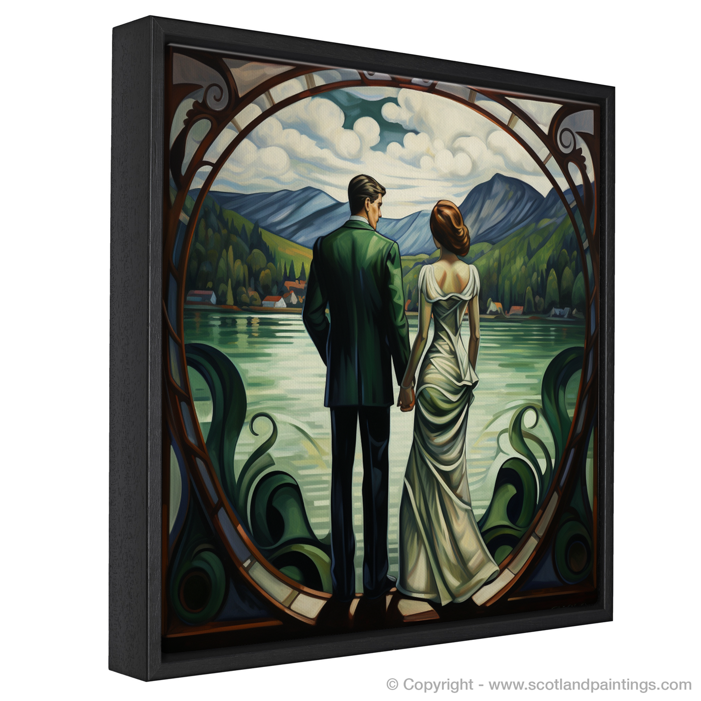 Painting and Art Print of A couple holding hands looking out on Loch Lomond entitled "Hand in Hand at Loch Lomond: An Art Nouveau Tribute".