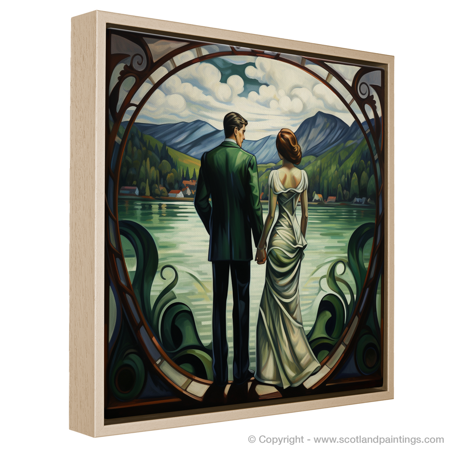 Painting and Art Print of A couple holding hands looking out on Loch Lomond entitled "Hand in Hand at Loch Lomond: An Art Nouveau Tribute".