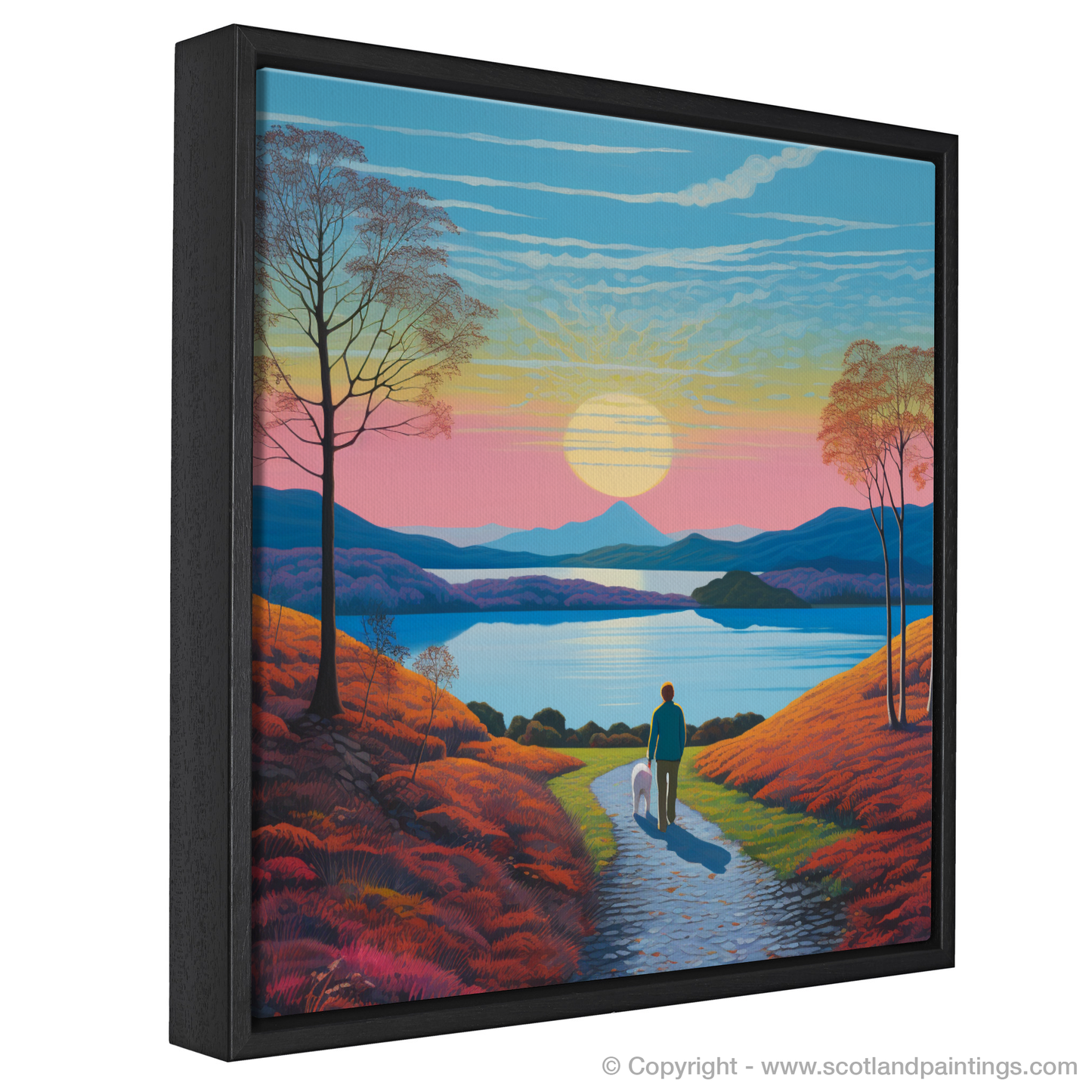 Painting and Art Print of A man walking dog at the side of Loch Lomond entitled "Walking the Twilight Path at Loch Lomond".