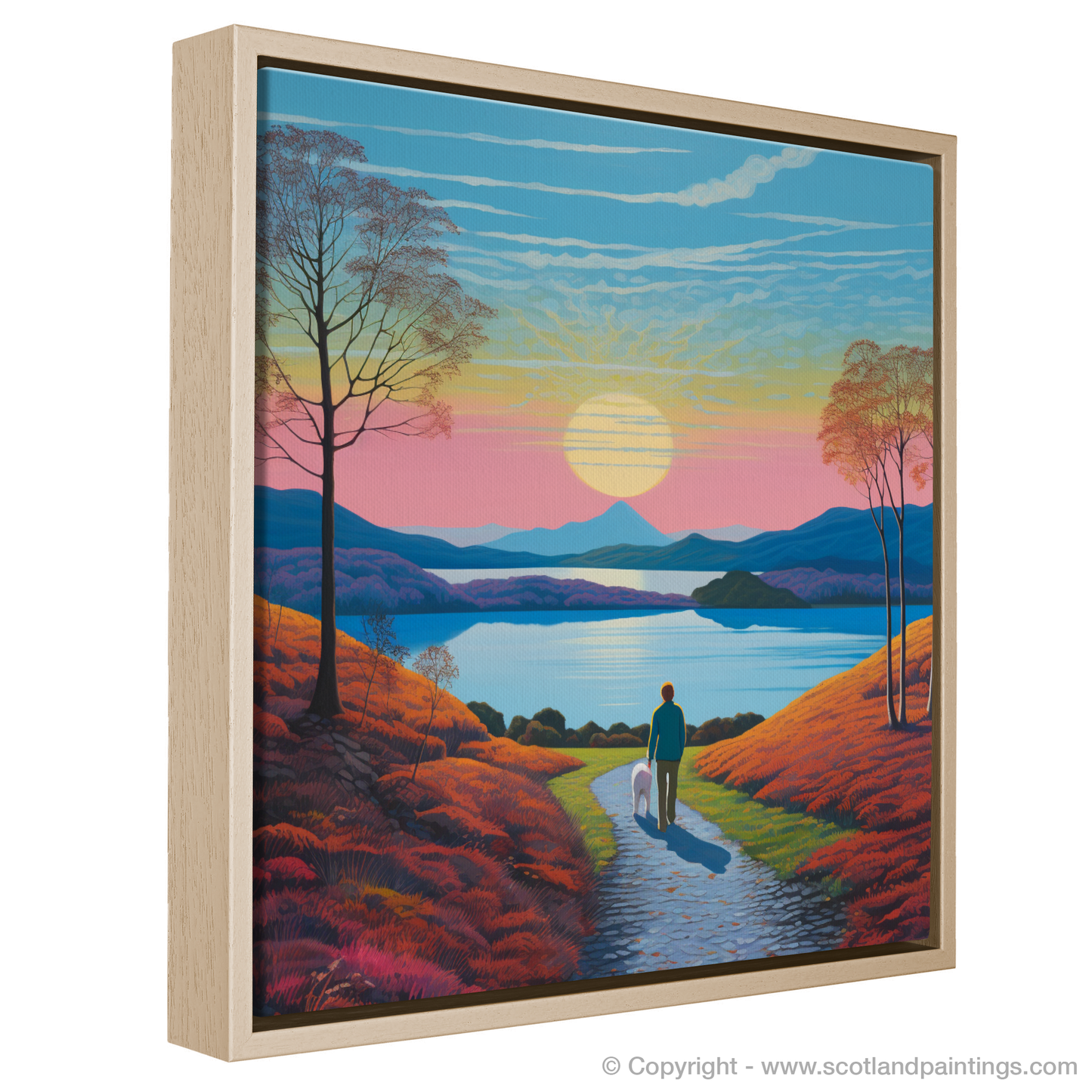 Painting and Art Print of A man walking dog at the side of Loch Lomond entitled "Walking the Twilight Path at Loch Lomond".