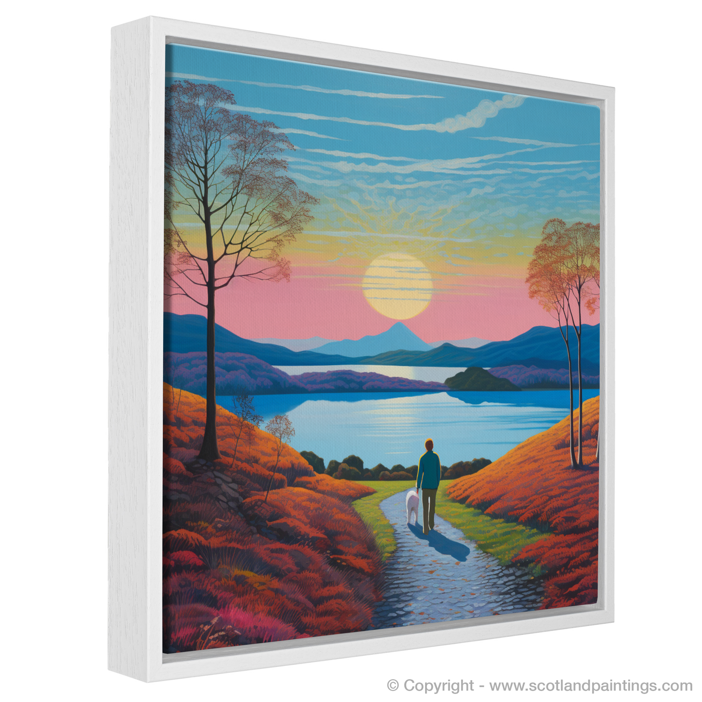 Painting and Art Print of A man walking dog at the side of Loch Lomond entitled "Walking the Twilight Path at Loch Lomond".