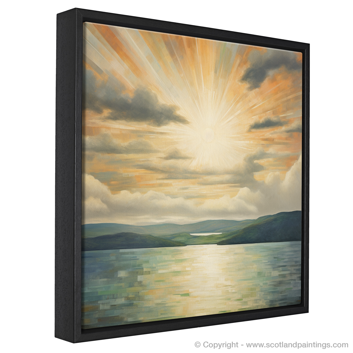 Painting and Art Print of Sun rays through clouds above Loch Lomond entitled "Sun Rays Serenade Over Loch Lomond".