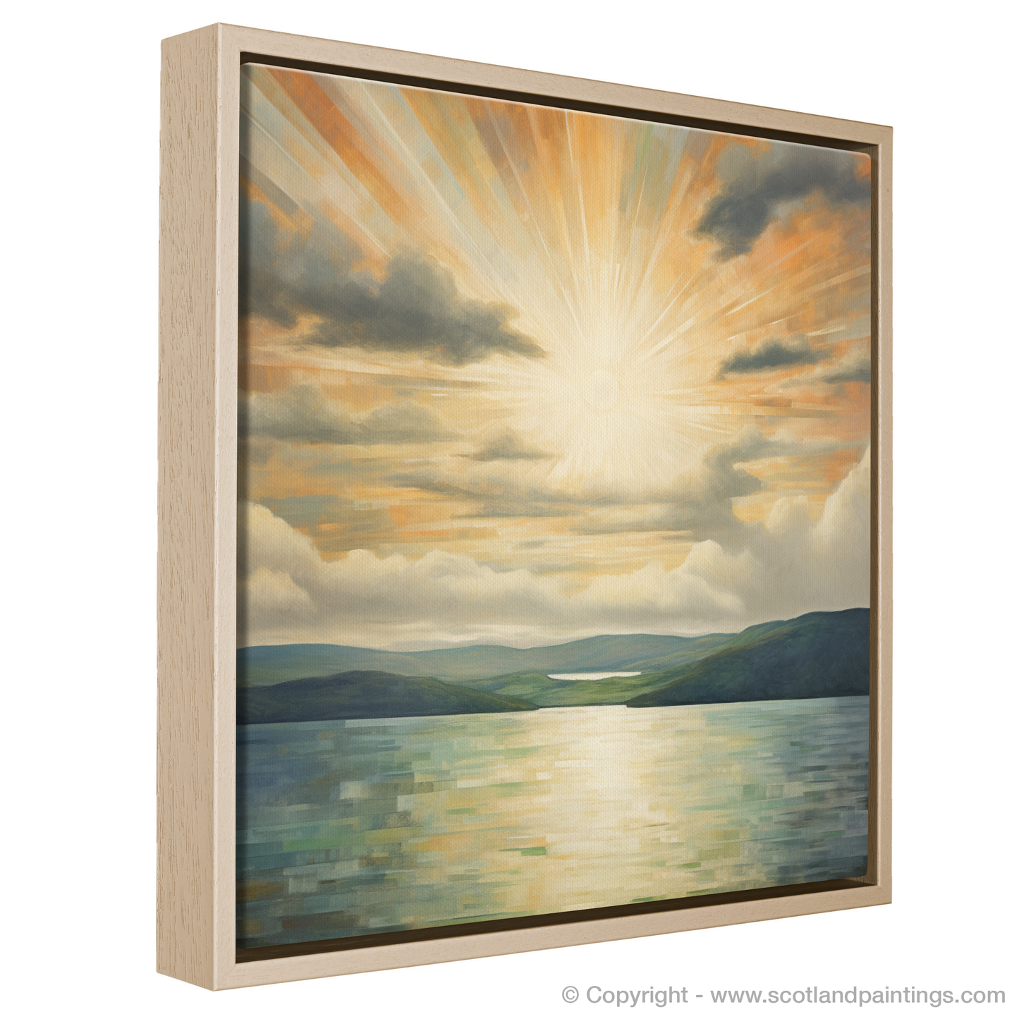 Painting and Art Print of Sun rays through clouds above Loch Lomond entitled "Sun Rays Serenade Over Loch Lomond".