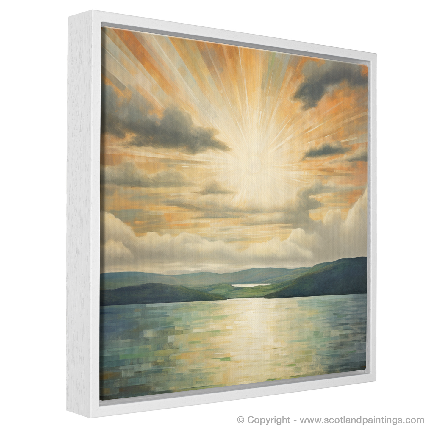 Painting and Art Print of Sun rays through clouds above Loch Lomond entitled "Sun Rays Serenade Over Loch Lomond".