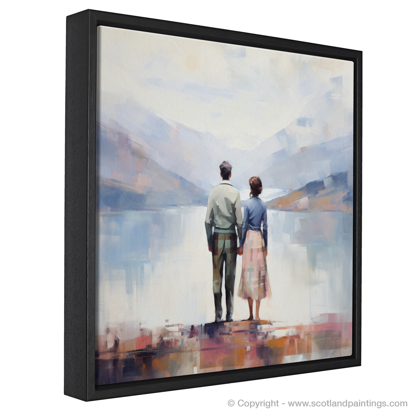 Painting and Art Print of A couple holding hands looking out on Loch Lomond entitled "Embracing Serenity at Loch Lomond".