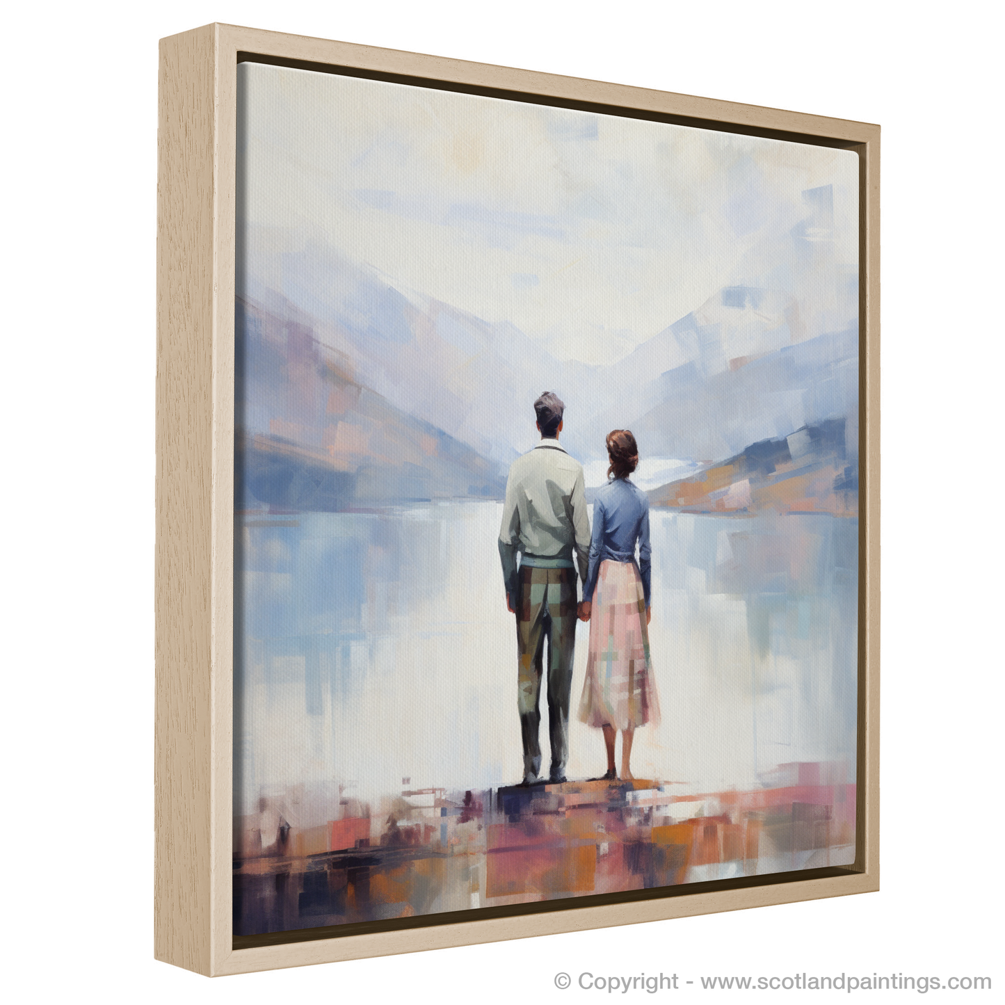 Painting and Art Print of A couple holding hands looking out on Loch Lomond entitled "Embracing Serenity at Loch Lomond".