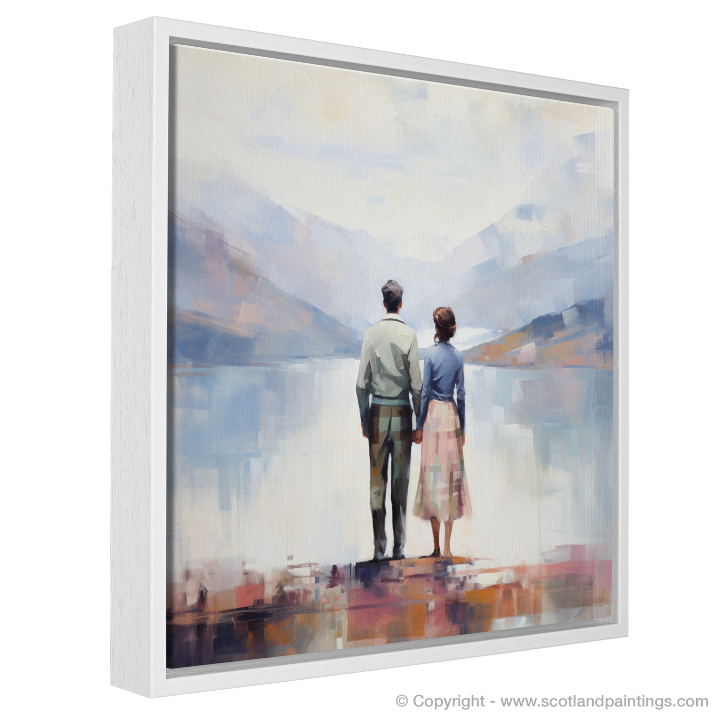 Painting and Art Print of A couple holding hands looking out on Loch Lomond entitled "Embracing Serenity at Loch Lomond".