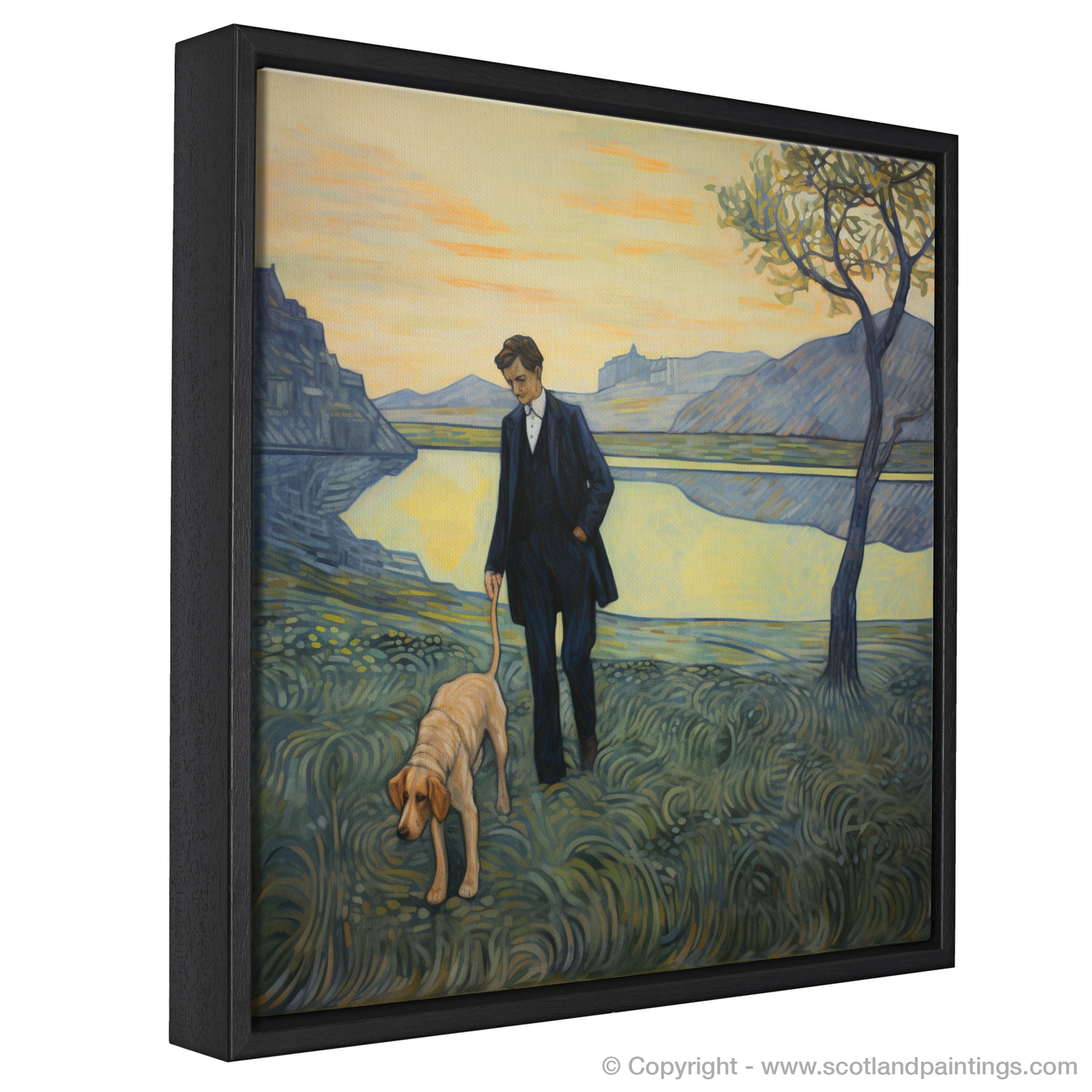 Painting and Art Print of A man walking dog at the side of Loch Lomond entitled "Twilight Promenade by Loch Lomond".