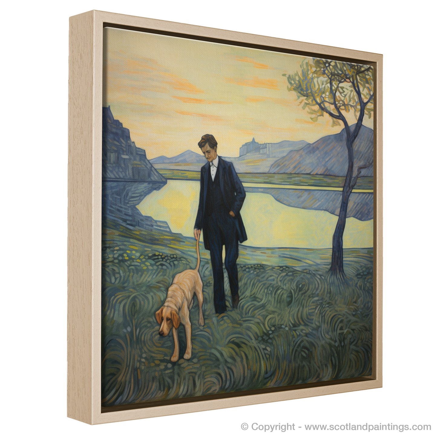 Painting and Art Print of A man walking dog at the side of Loch Lomond entitled "Twilight Promenade by Loch Lomond".