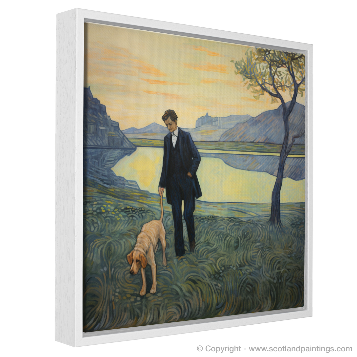 Painting and Art Print of A man walking dog at the side of Loch Lomond entitled "Twilight Promenade by Loch Lomond".