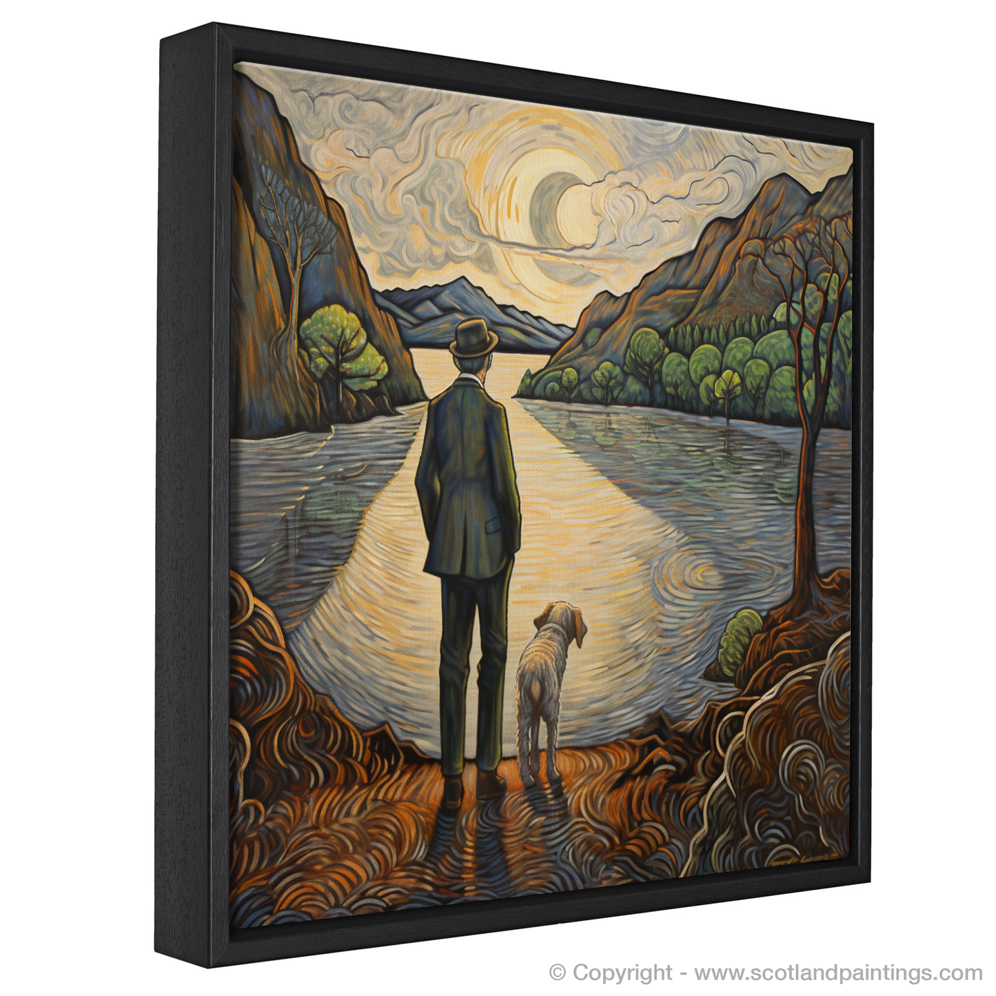 Painting and Art Print of A man walking dog at the side of Loch Lomond. A Man and His Dog by Tranquil Loch Lomond - An Art Nouveau Masterpiece.