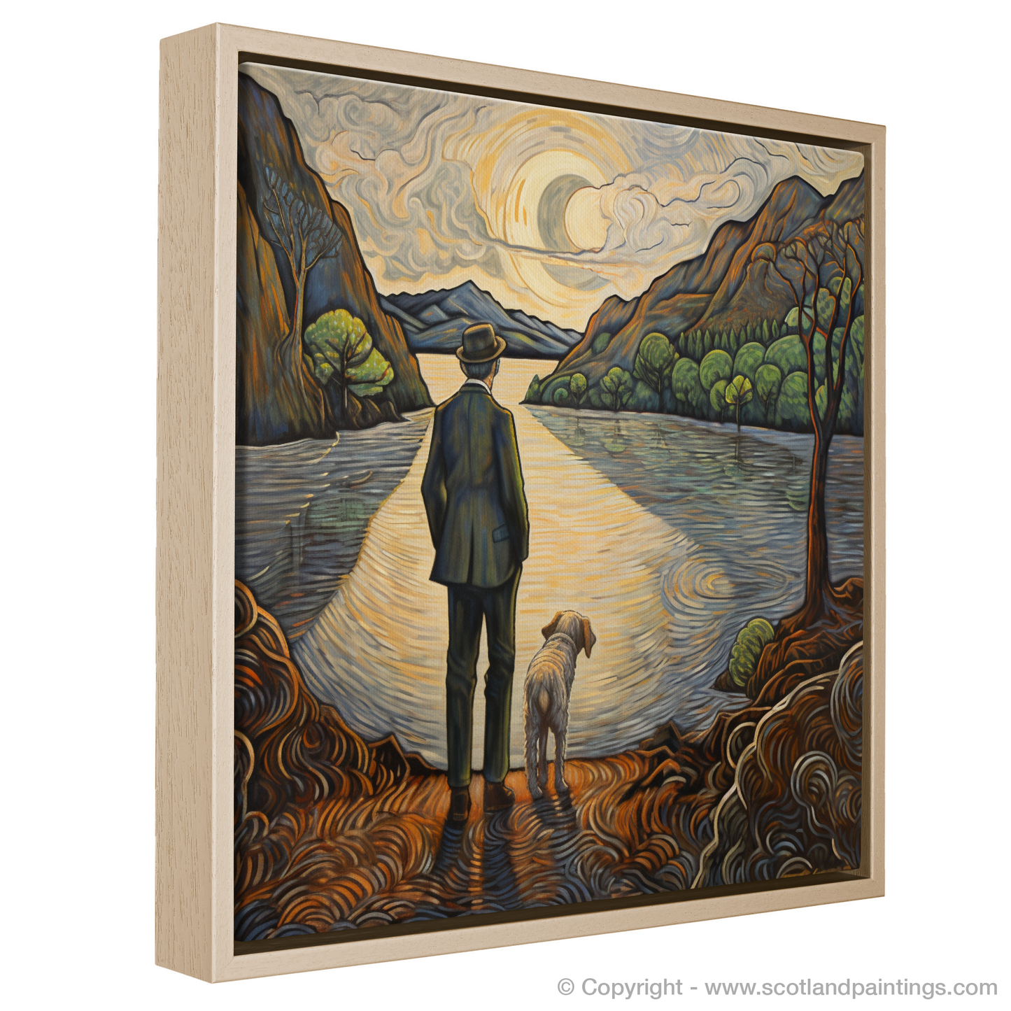 Painting and Art Print of A man walking dog at the side of Loch Lomond. A Man and His Dog by Tranquil Loch Lomond - An Art Nouveau Masterpiece.