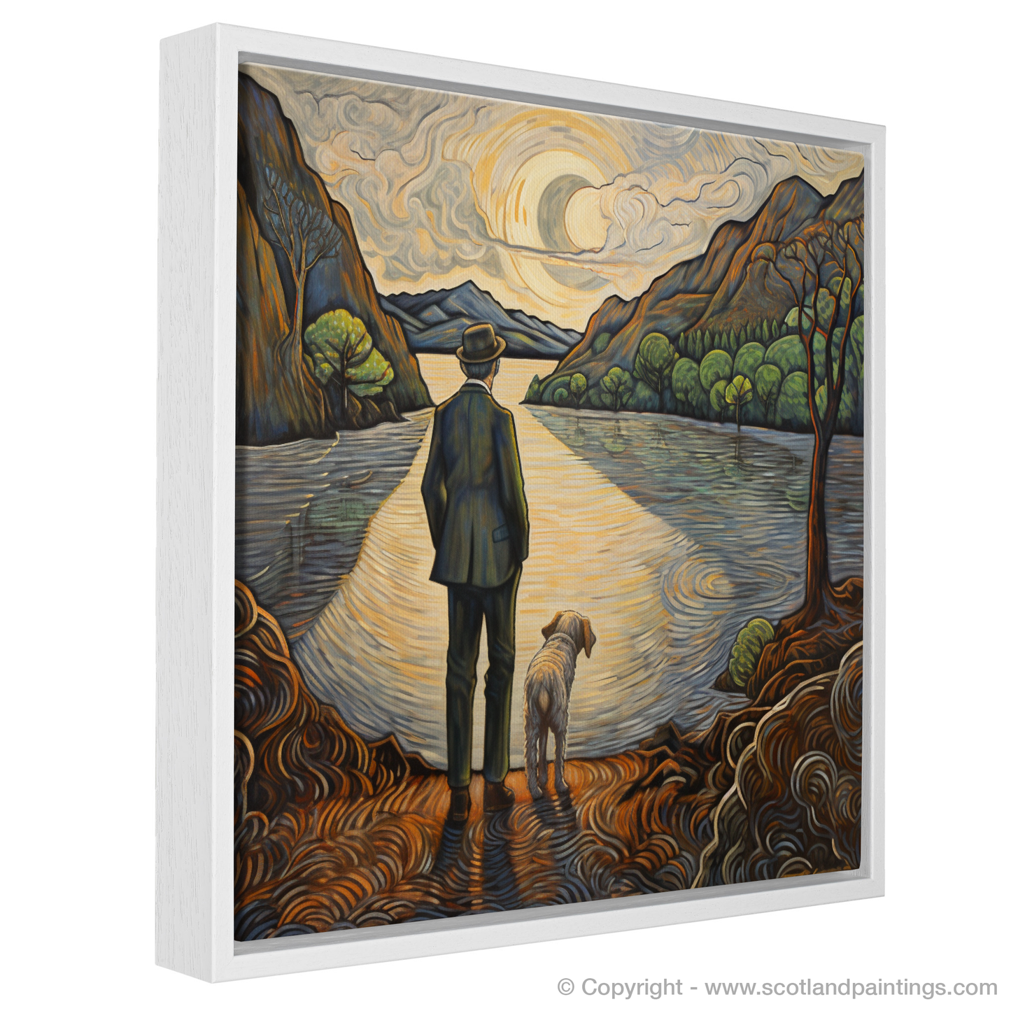 Painting and Art Print of A man walking dog at the side of Loch Lomond. A Man and His Dog by Tranquil Loch Lomond - An Art Nouveau Masterpiece.