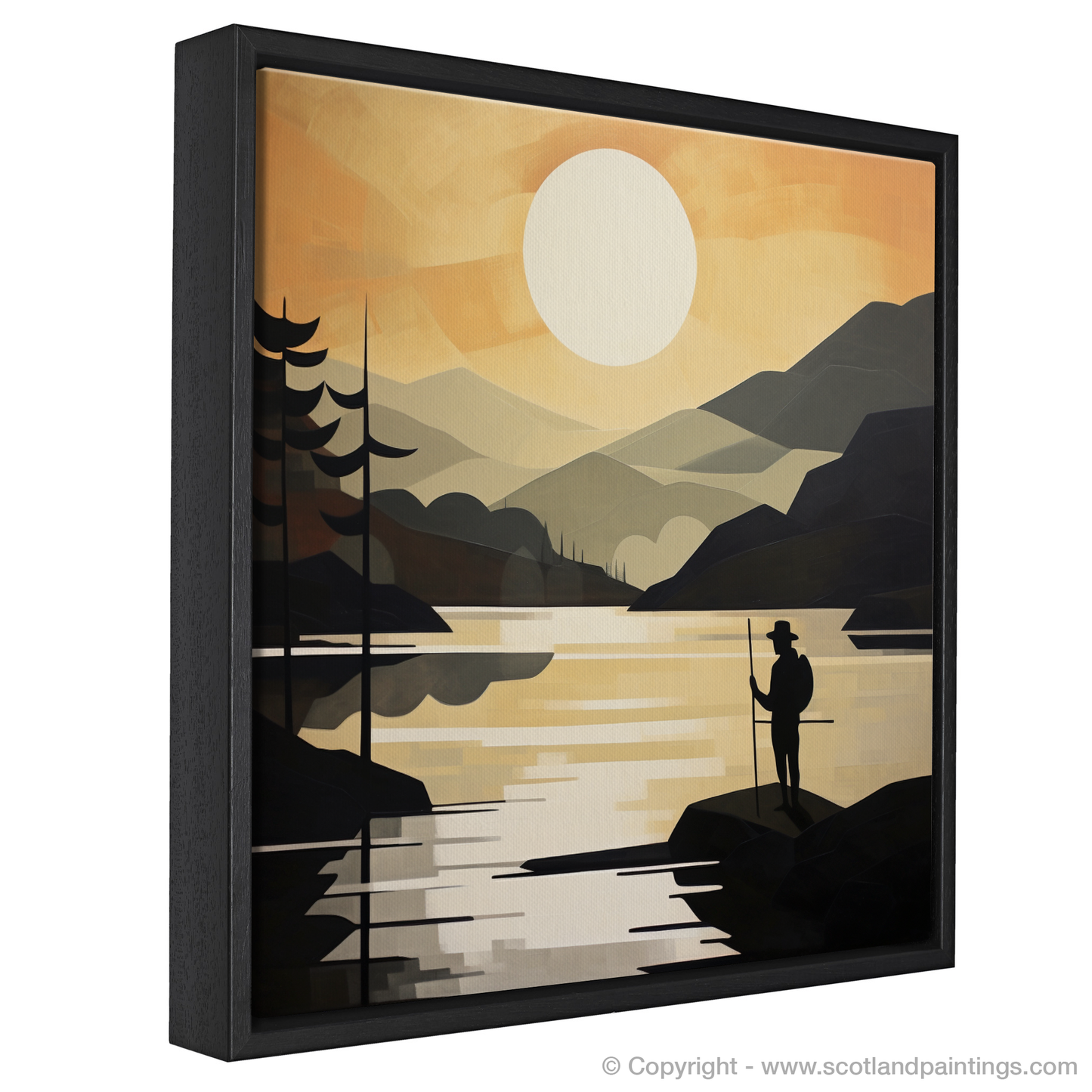 Painting and Art Print of Silhouetted fisherman on Loch Lomond. Silhouetted Fisherman at Dusk: A Cubist Loch Lomond Interpretation.