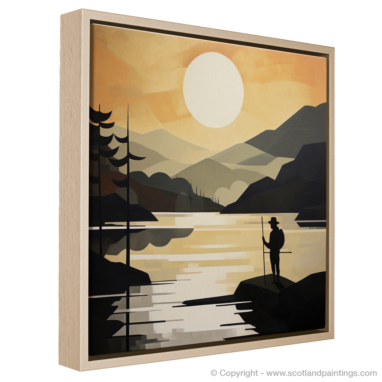 Painting and Art Print of Silhouetted fisherman on Loch Lomond. Silhouetted Fisherman at Dusk: A Cubist Loch Lomond Interpretation.