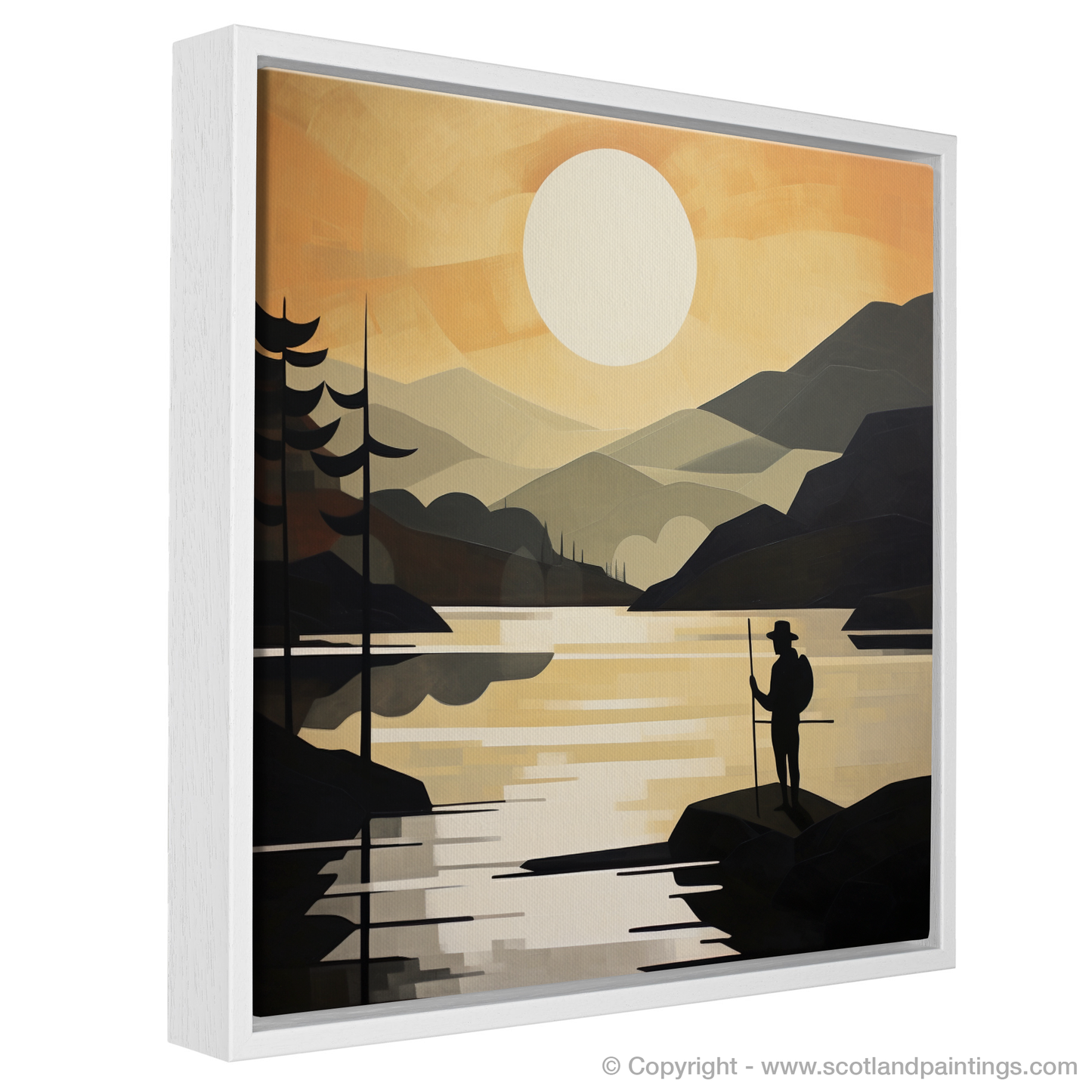 Painting and Art Print of Silhouetted fisherman on Loch Lomond. Silhouetted Fisherman at Dusk: A Cubist Loch Lomond Interpretation.