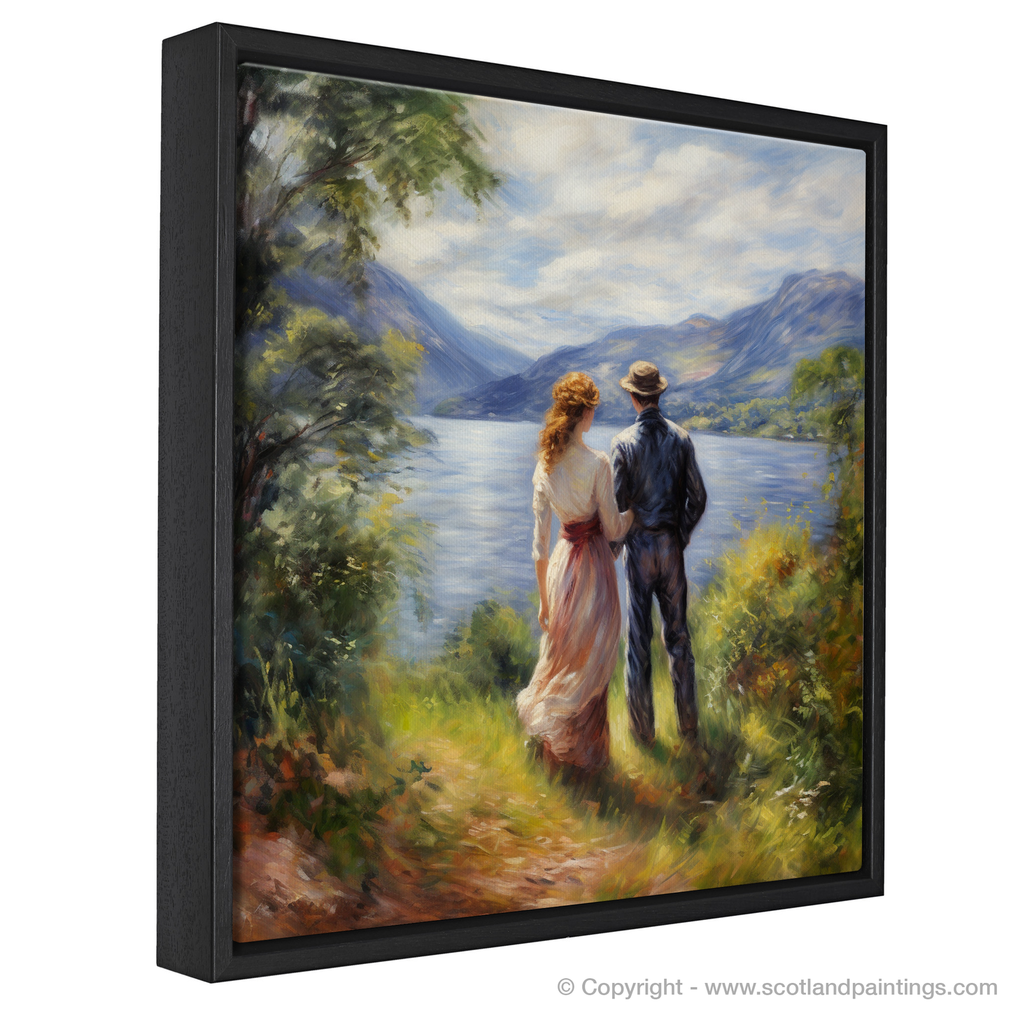 Painting and Art Print of A couple holding hands looking out on Loch Lomond entitled "A Gentle Embrace by Loch Lomond".