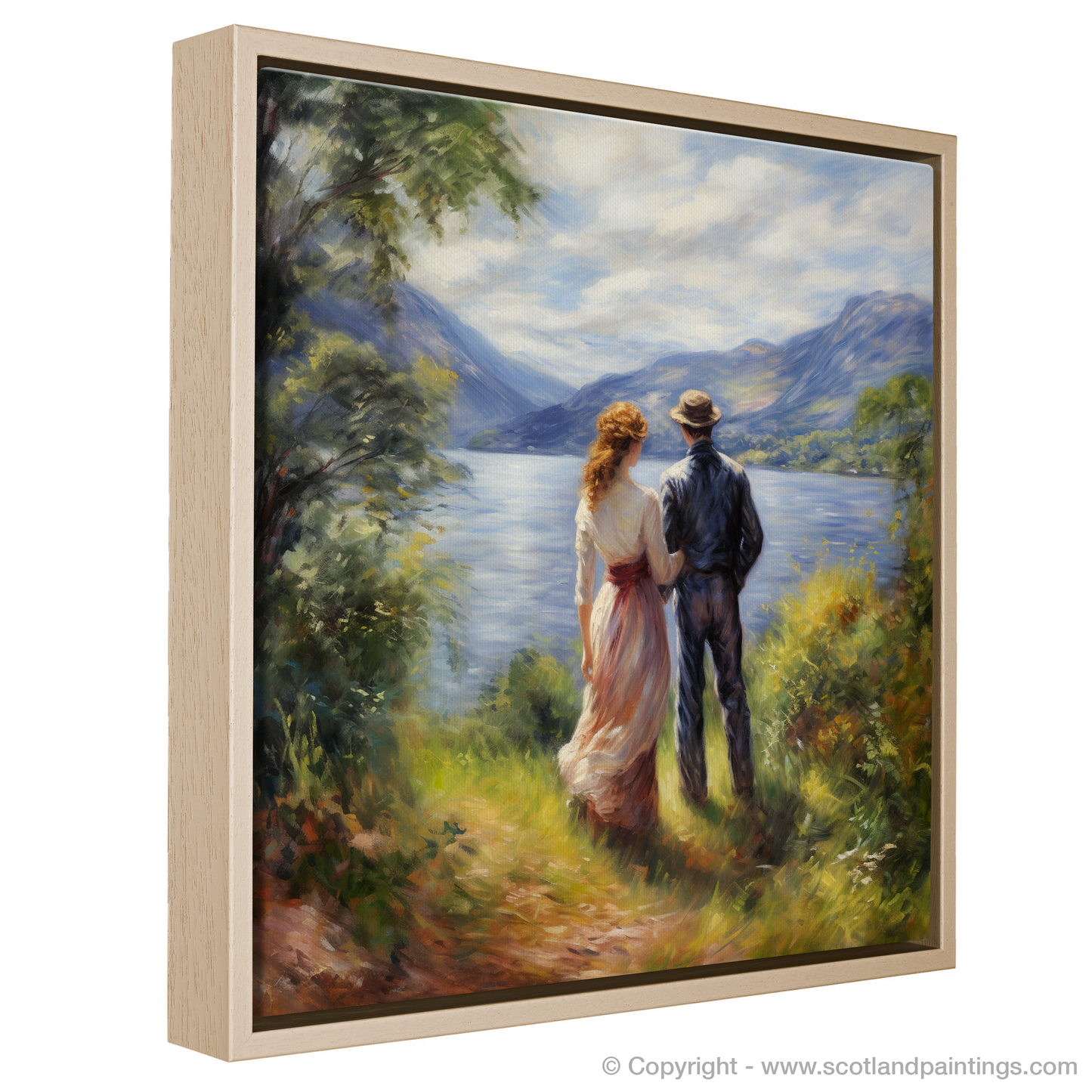 Painting and Art Print of A couple holding hands looking out on Loch Lomond entitled "A Gentle Embrace by Loch Lomond".