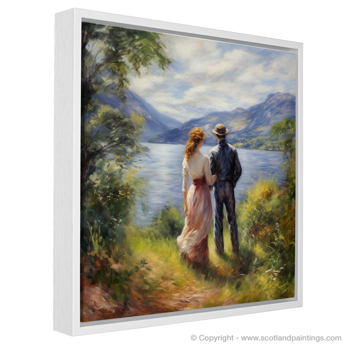 Painting and Art Print of A couple holding hands looking out on Loch Lomond entitled "A Gentle Embrace by Loch Lomond".