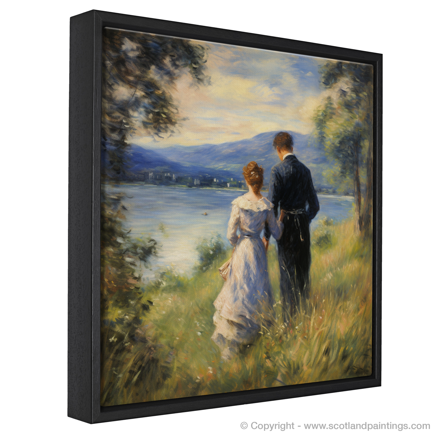 Painting and Art Print of A couple holding hands looking out on Loch Lomond entitled "Hand in Hand at Twilight by Loch Lomond".