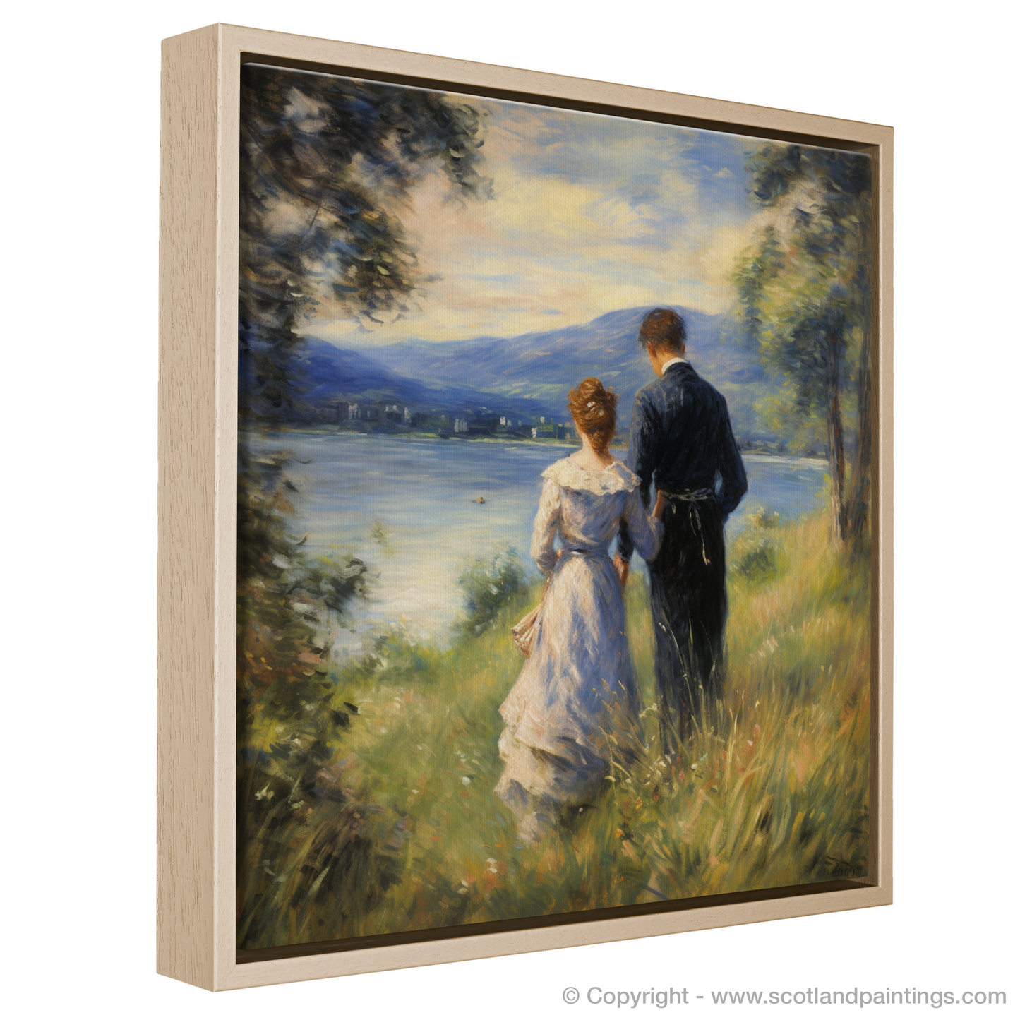 Painting and Art Print of A couple holding hands looking out on Loch Lomond entitled "Hand in Hand at Twilight by Loch Lomond".