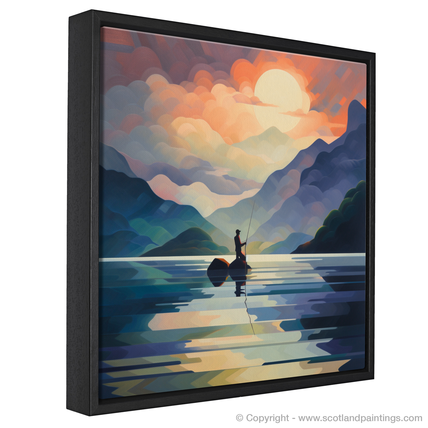 Painting and Art Print of Silhouetted fisherman on Loch Lomond entitled "Cubist Reflections of a Fisherman on Loch Lomond".