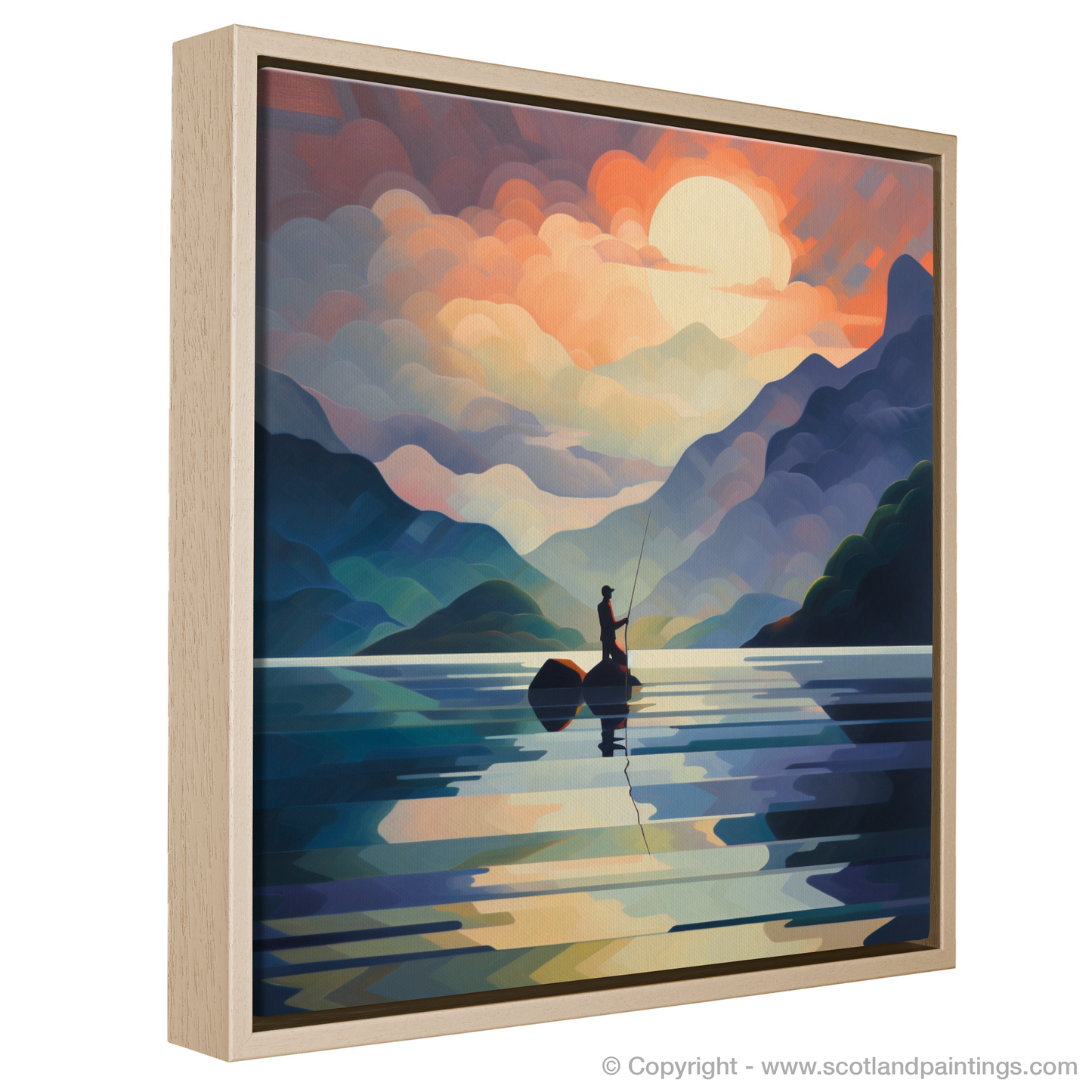 Painting and Art Print of Silhouetted fisherman on Loch Lomond entitled "Cubist Reflections of a Fisherman on Loch Lomond".