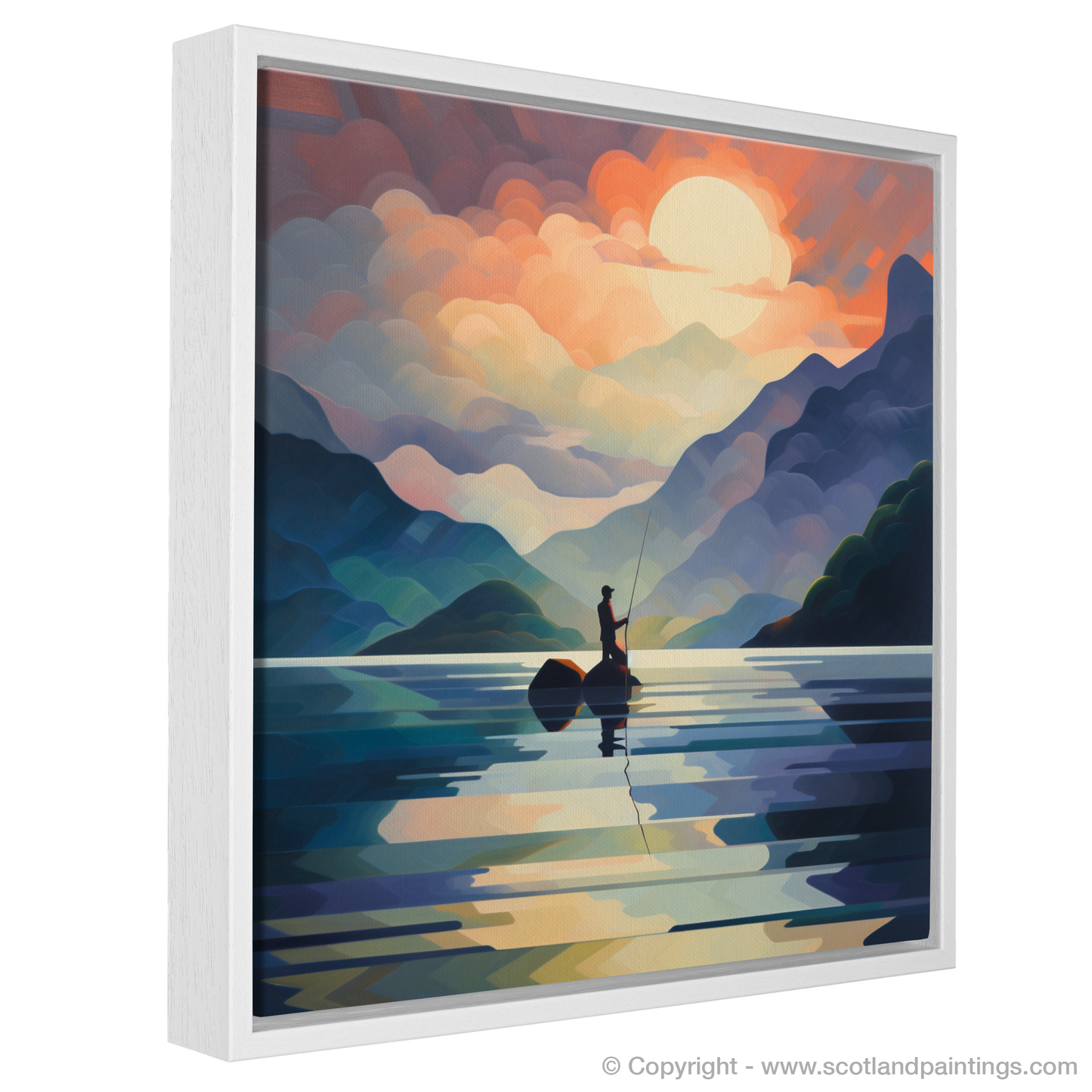 Painting and Art Print of Silhouetted fisherman on Loch Lomond entitled "Cubist Reflections of a Fisherman on Loch Lomond".