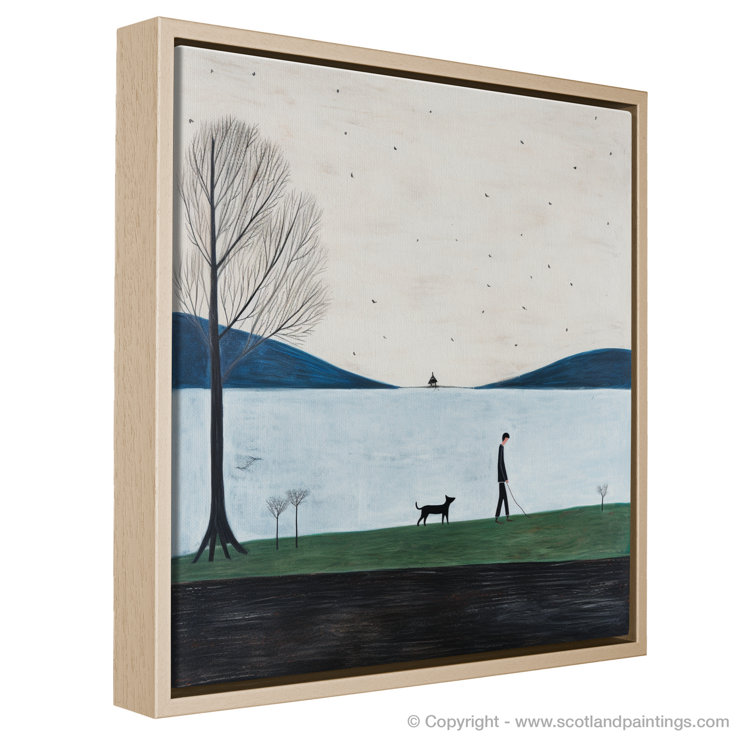 Painting and Art Print of A man walking dog at the side of Loch Lomond entitled "Strolling Companion by Loch Lomond".