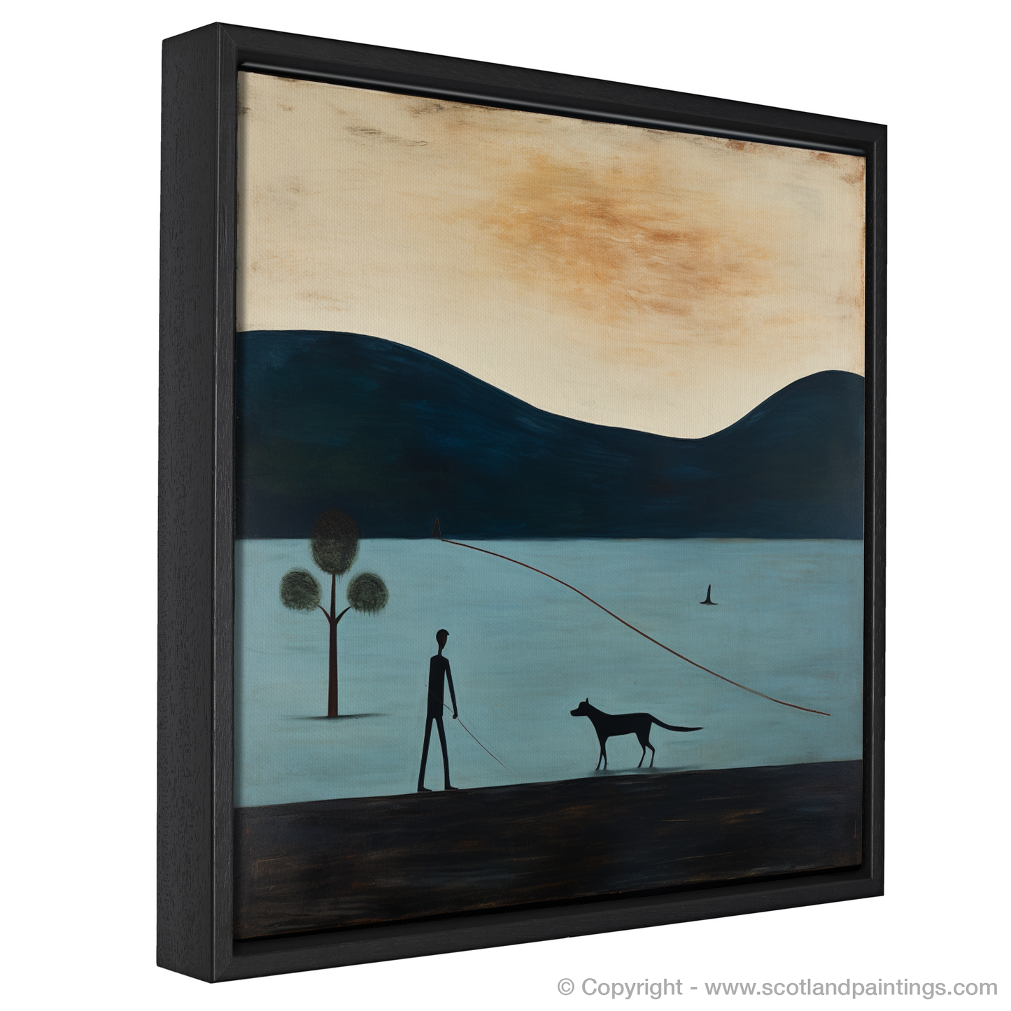 Painting and Art Print of A man walking dog at the side of Loch Lomond entitled "Leisurely Stroll at Loch Lomond: A Naive Art Tribute".