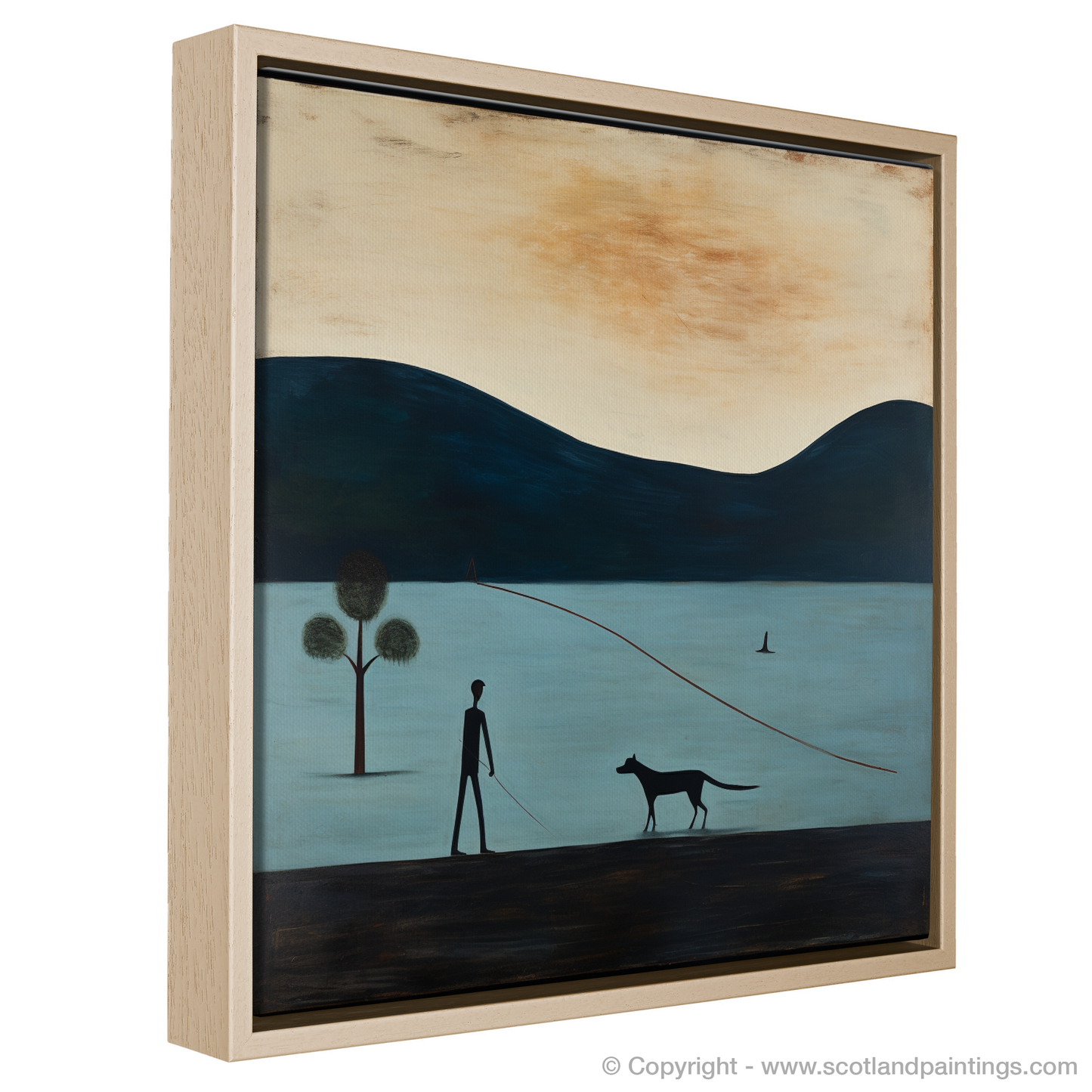 Painting and Art Print of A man walking dog at the side of Loch Lomond entitled "Leisurely Stroll at Loch Lomond: A Naive Art Tribute".