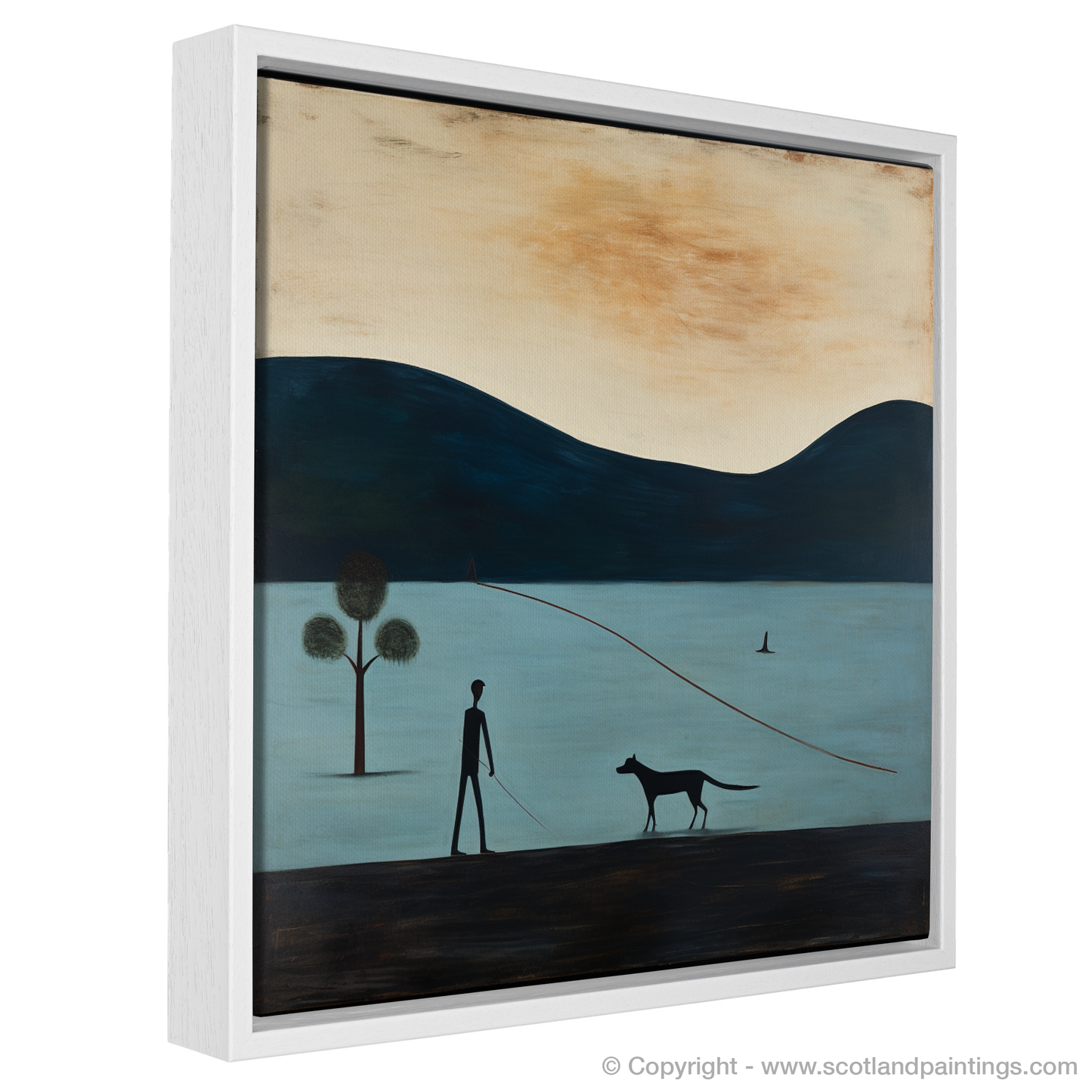 Painting and Art Print of A man walking dog at the side of Loch Lomond entitled "Leisurely Stroll at Loch Lomond: A Naive Art Tribute".