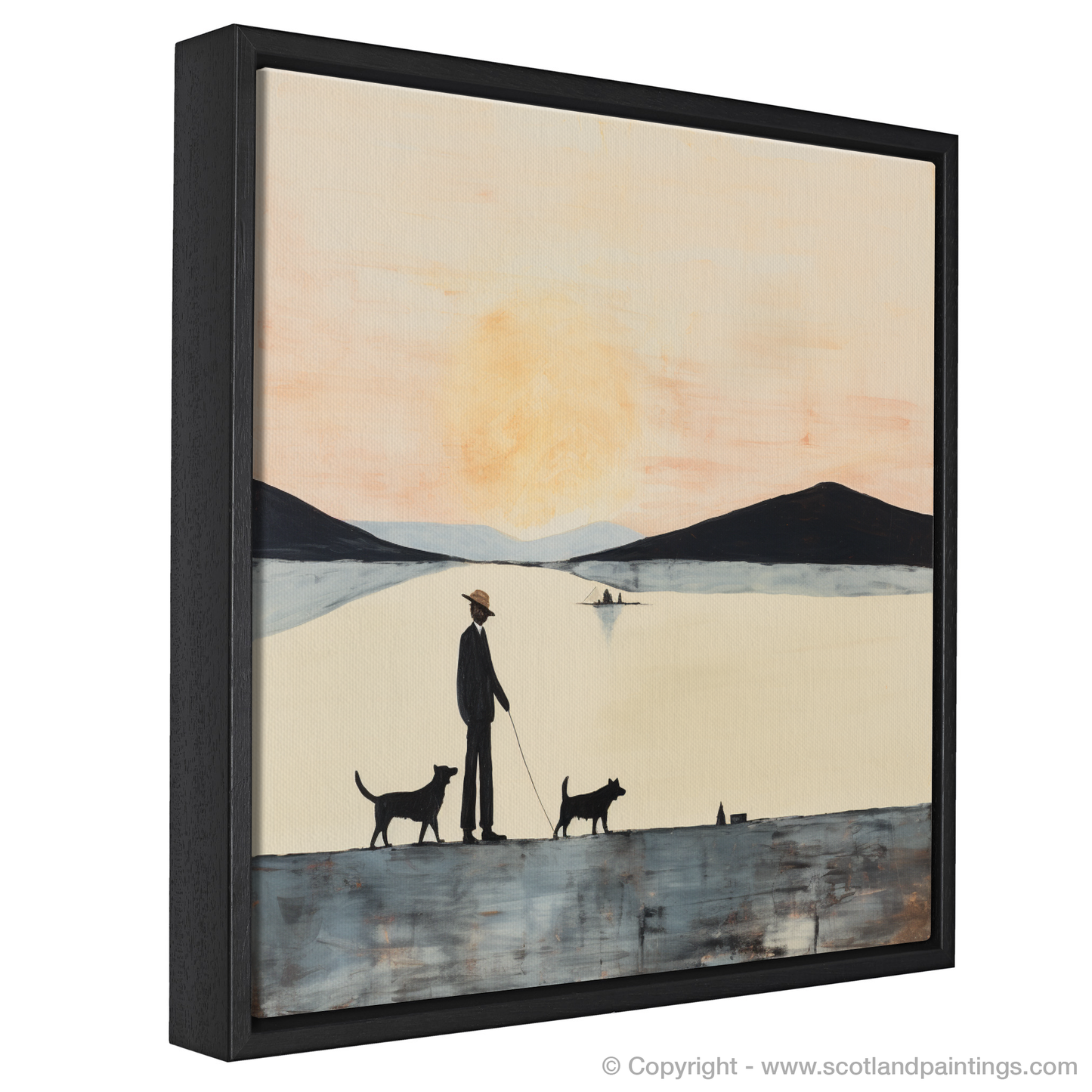 Painting and Art Print of A man walking dog at the side of Loch Lomond. Serene Stroll by Loch Lomond.