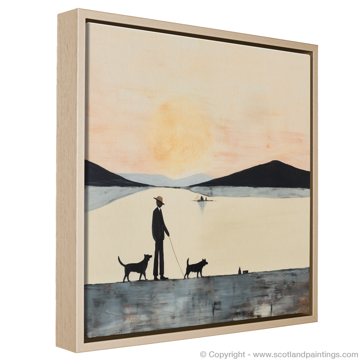 Painting and Art Print of A man walking dog at the side of Loch Lomond. Serene Stroll by Loch Lomond.