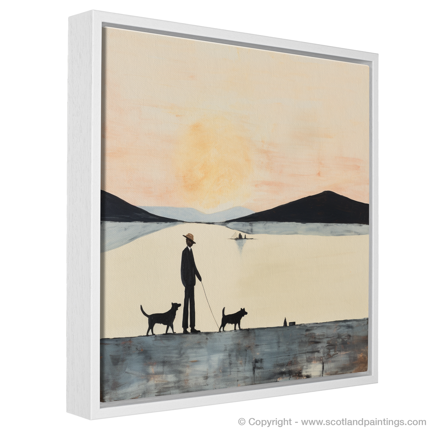 Painting and Art Print of A man walking dog at the side of Loch Lomond. Serene Stroll by Loch Lomond.