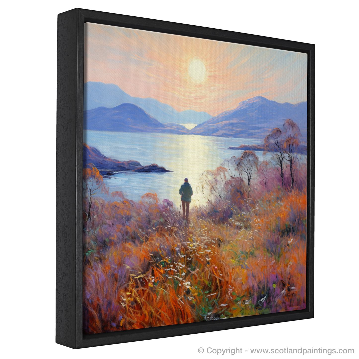 Painting and Art Print of Two hikers looking out on Loch Lomond entitled "Twilight Reverie: Hikers' Vista of Loch Lomond".