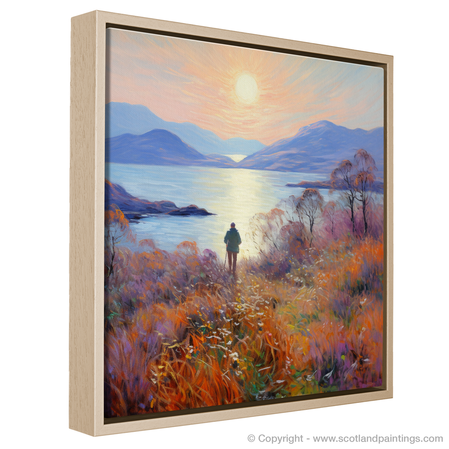 Painting and Art Print of Two hikers looking out on Loch Lomond entitled "Twilight Reverie: Hikers' Vista of Loch Lomond".