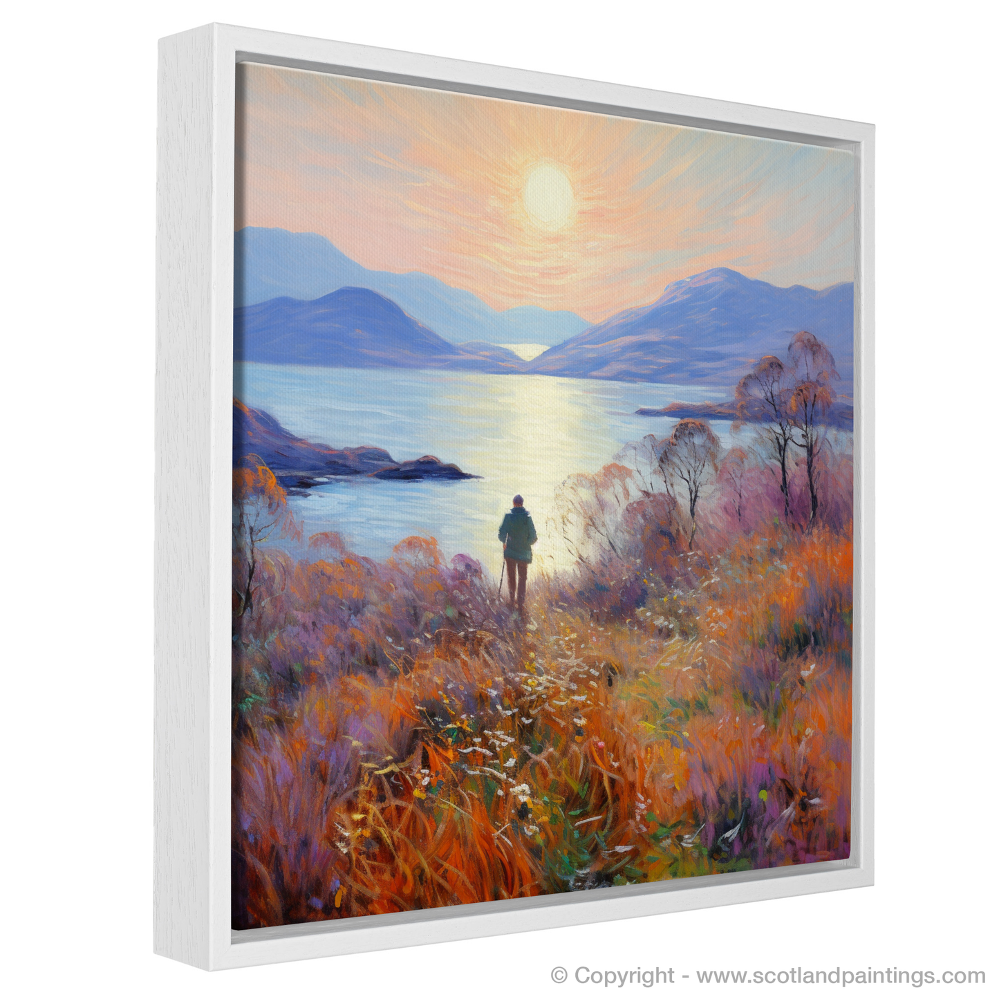 Painting and Art Print of Two hikers looking out on Loch Lomond entitled "Twilight Reverie: Hikers' Vista of Loch Lomond".