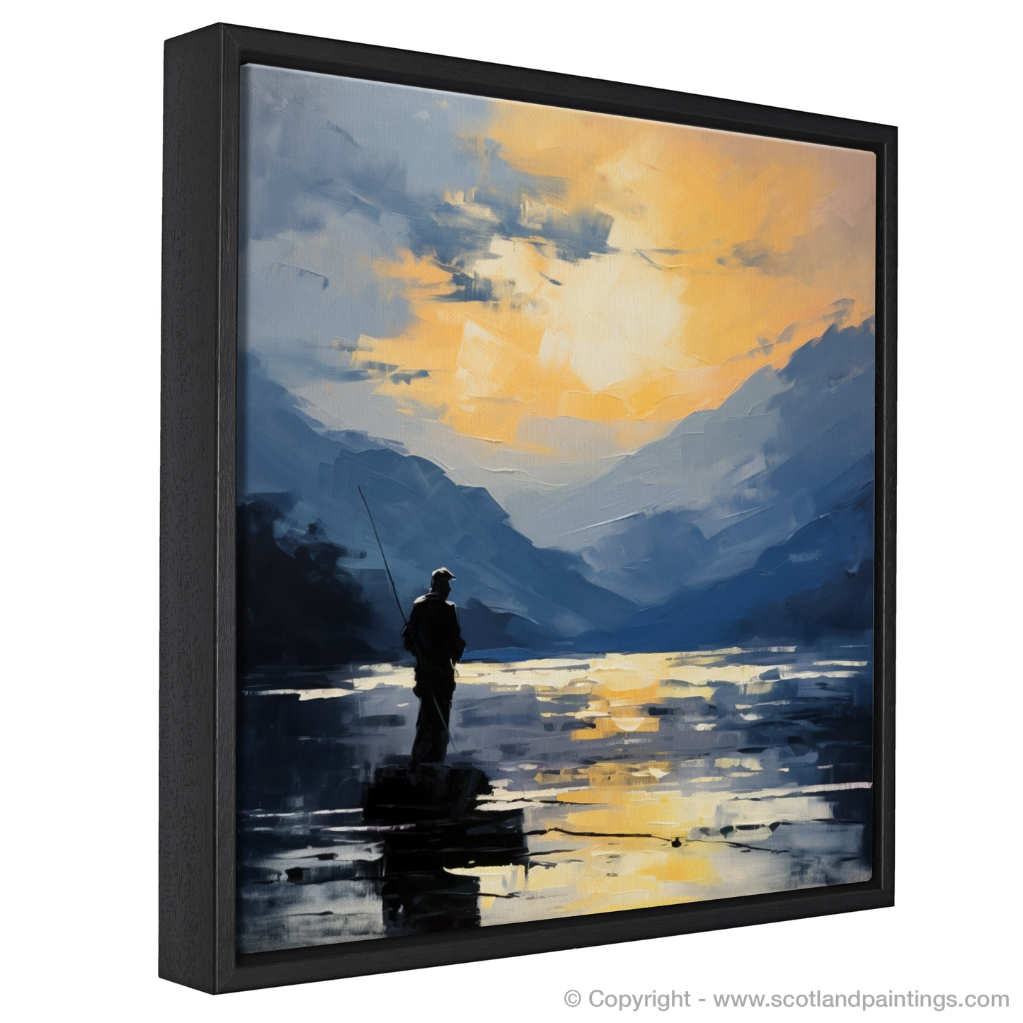 Painting and Art Print of Silhouetted fisherman on Loch Lomond entitled "Silhouetted Fisherman at Loch Lomond: An Impressionist Ode to Serenity".