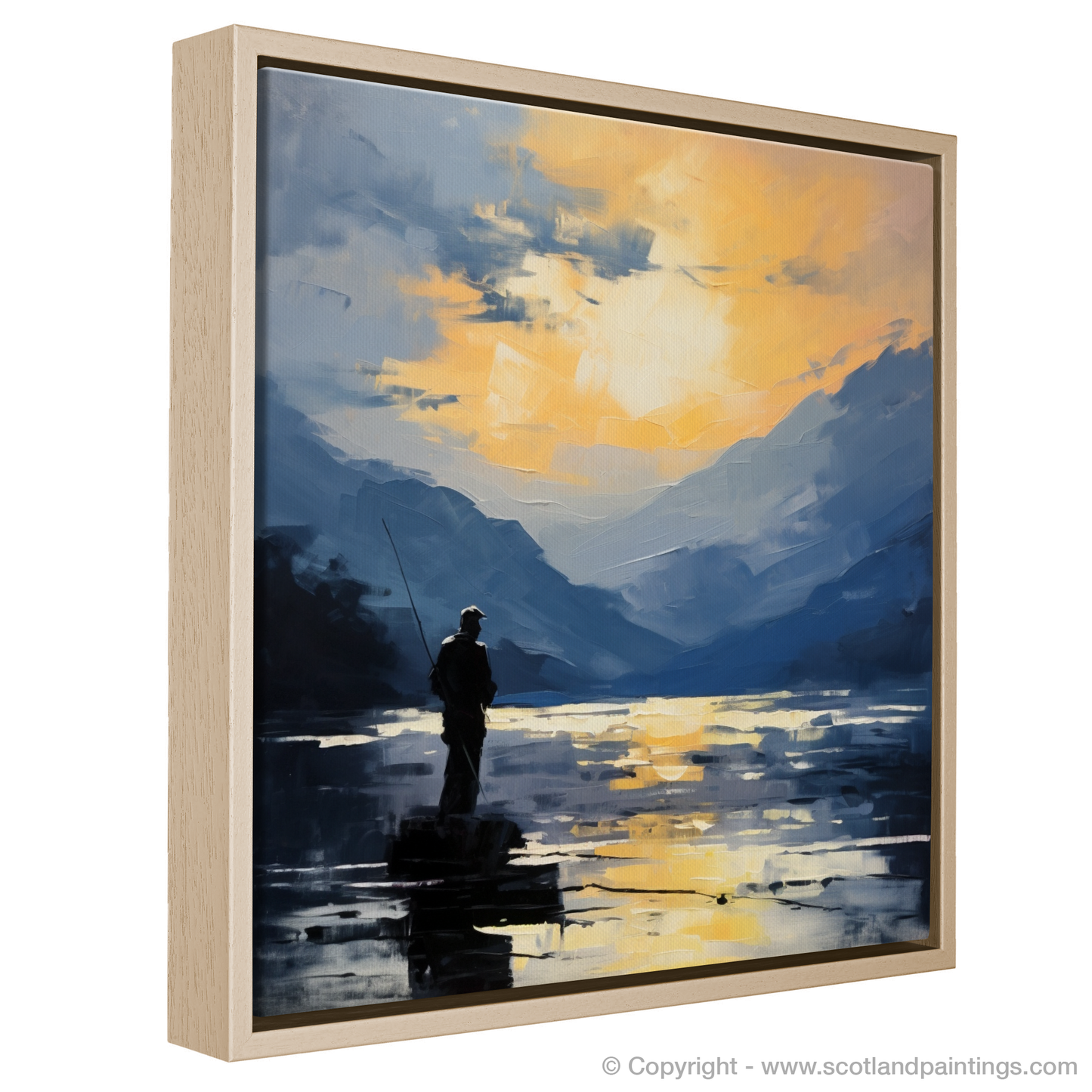 Painting and Art Print of Silhouetted fisherman on Loch Lomond entitled "Silhouetted Fisherman at Loch Lomond: An Impressionist Ode to Serenity".