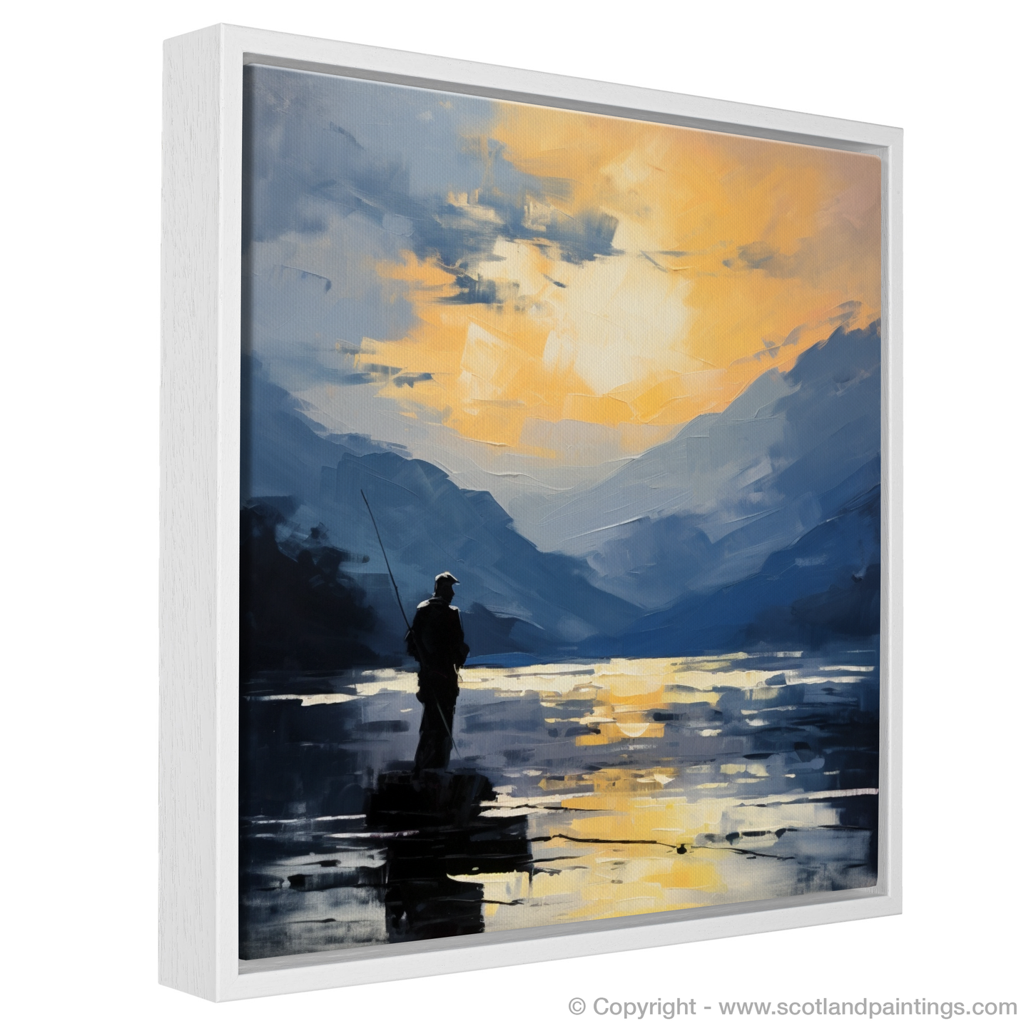 Painting and Art Print of Silhouetted fisherman on Loch Lomond entitled "Silhouetted Fisherman at Loch Lomond: An Impressionist Ode to Serenity".